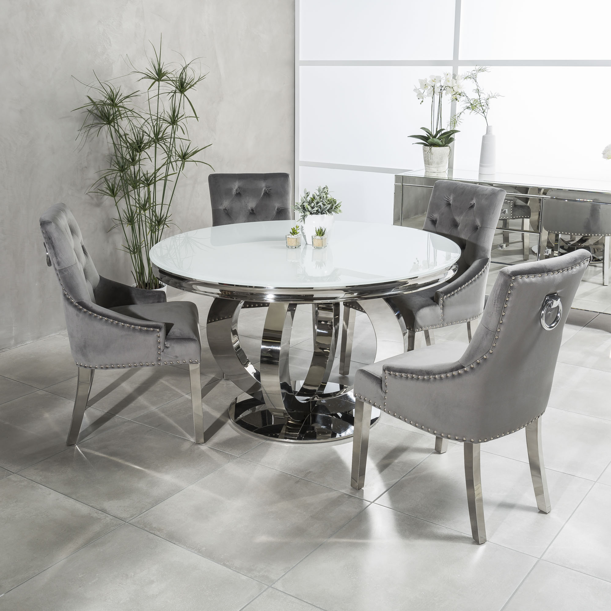1.3m Circular Polished Steel Dining White Glass Table Set with 4 Grey Brushed Velvet Dining Chairs
