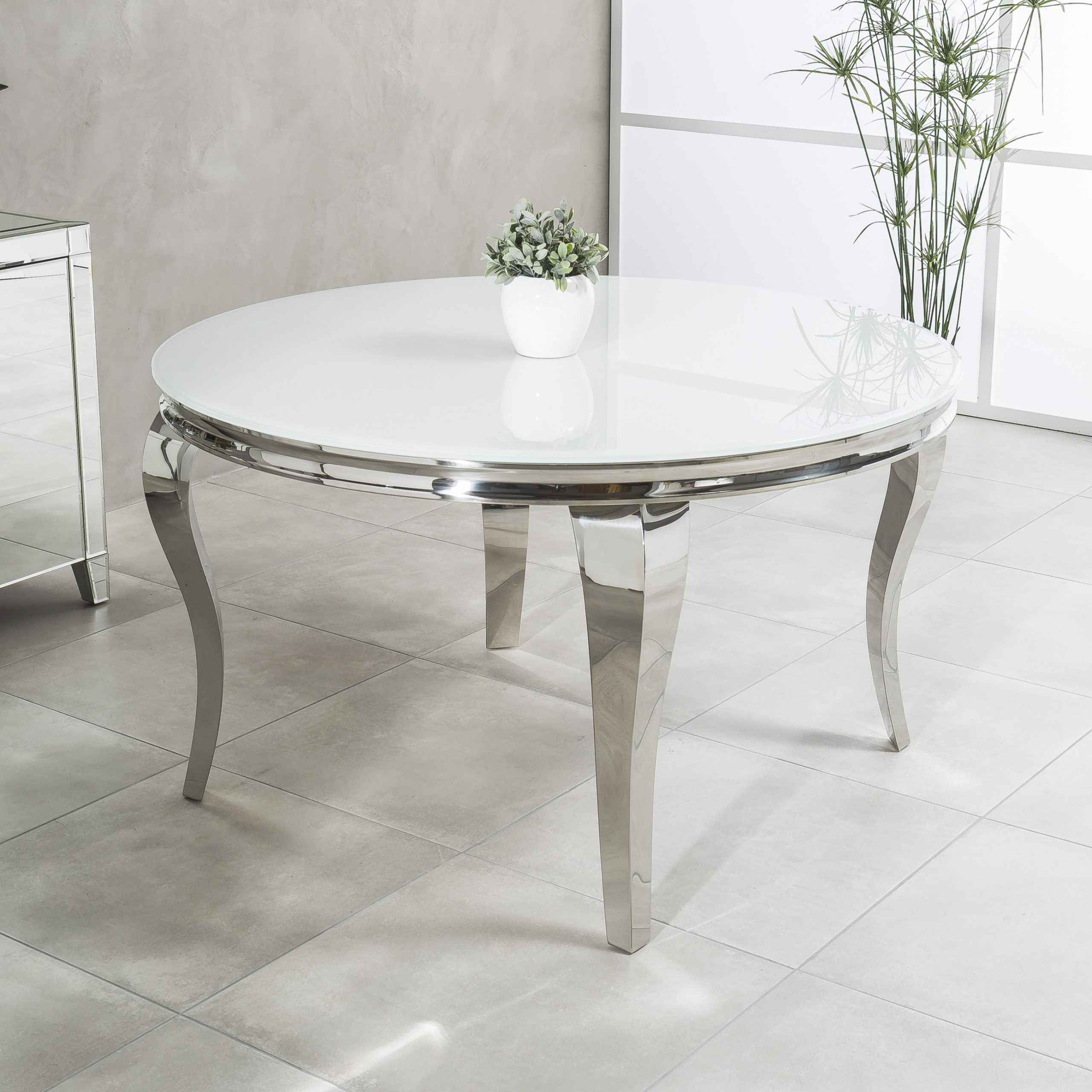 1.3m Louis Round Steel & White Glass Dining Table Set x 4 Dove Grey Dining Chairs