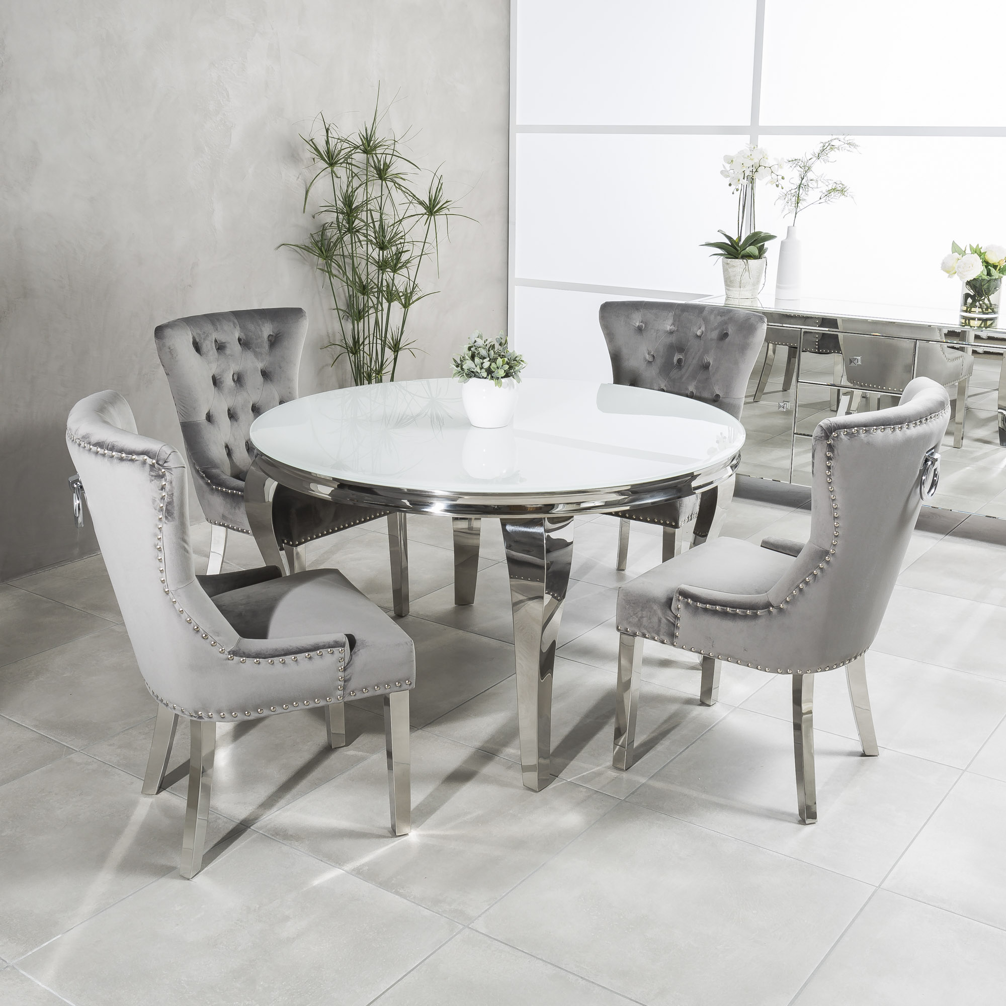 13m Louis Round Steel White Glass Dining Table Set X 4 Grey Dining Chairs Grosvenor Furniture