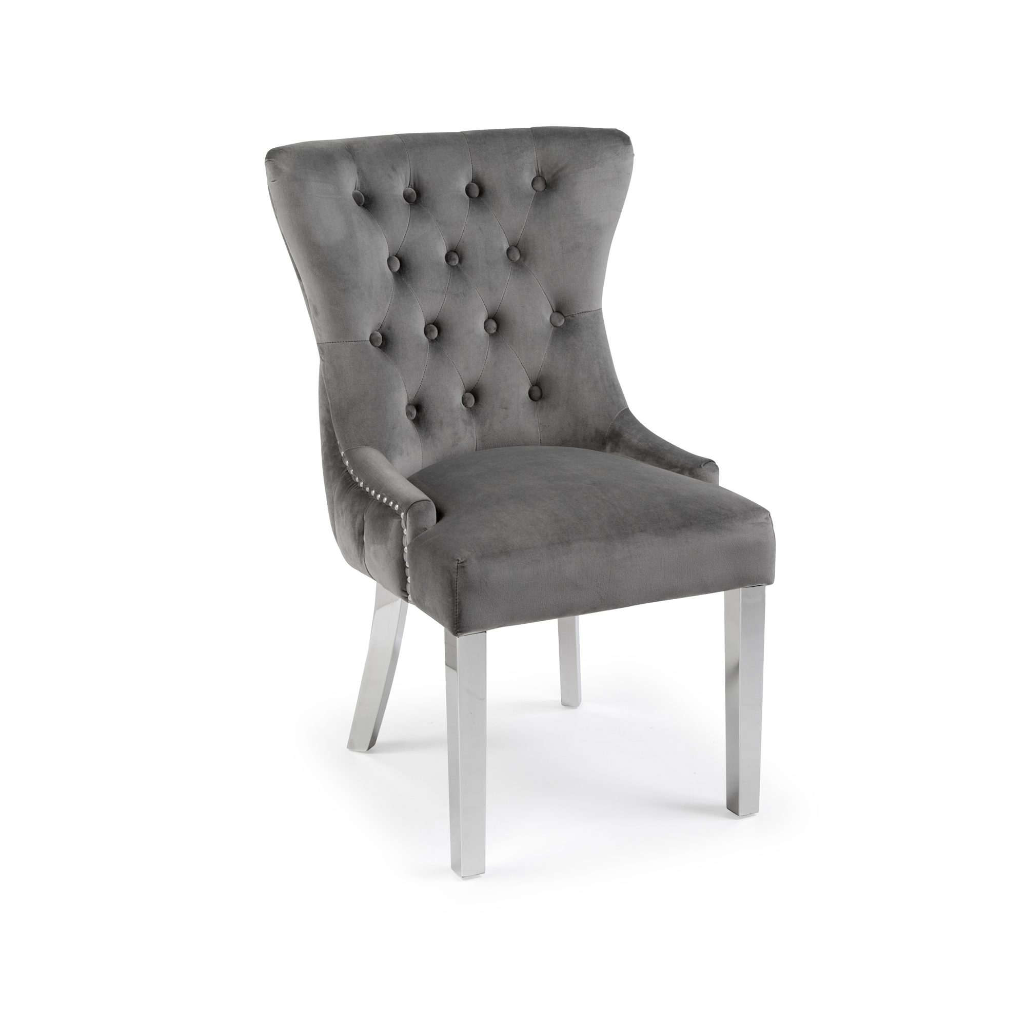 Knightsbridge Grey Velvet Upholstered Dining Room Chair With Button Tufted Detailing – Steel Legs