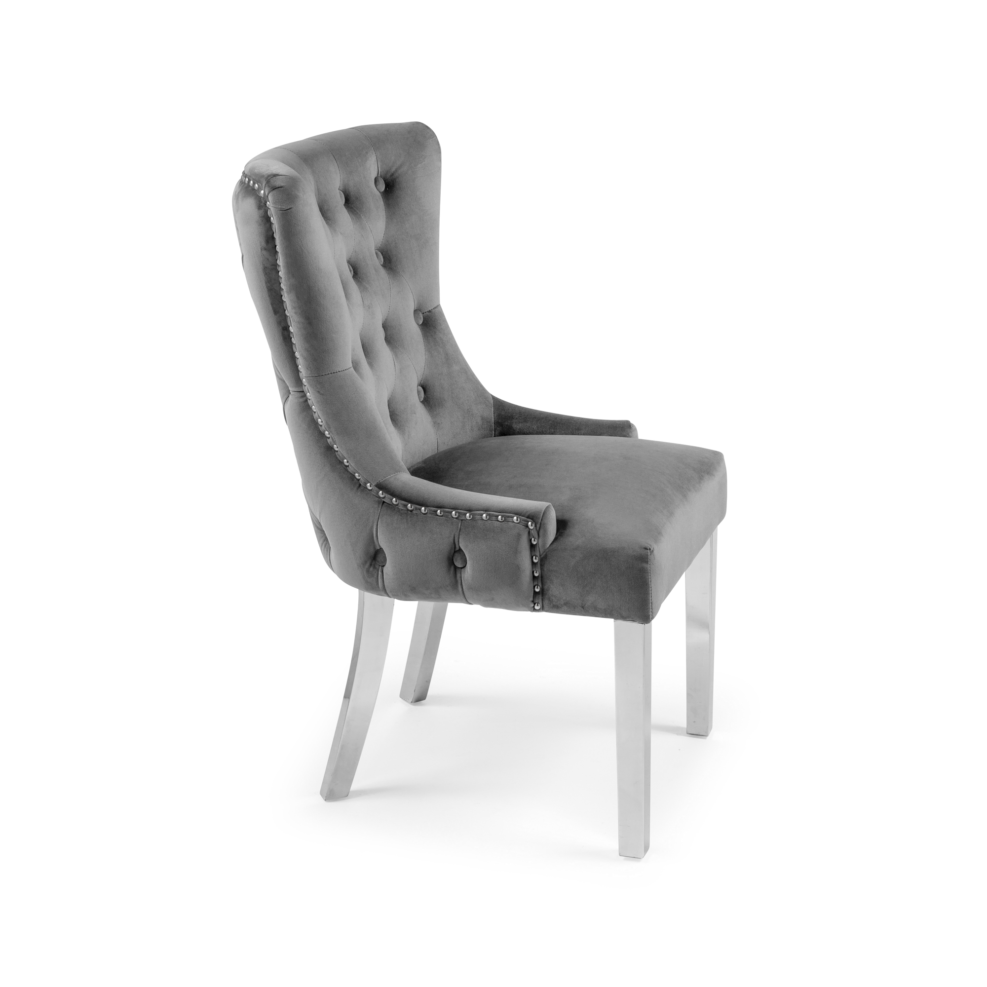 Knightsbridge Buttoned Grey Brushed Velvet Dining Chair with Polished Stainless Steel Legs – Set of