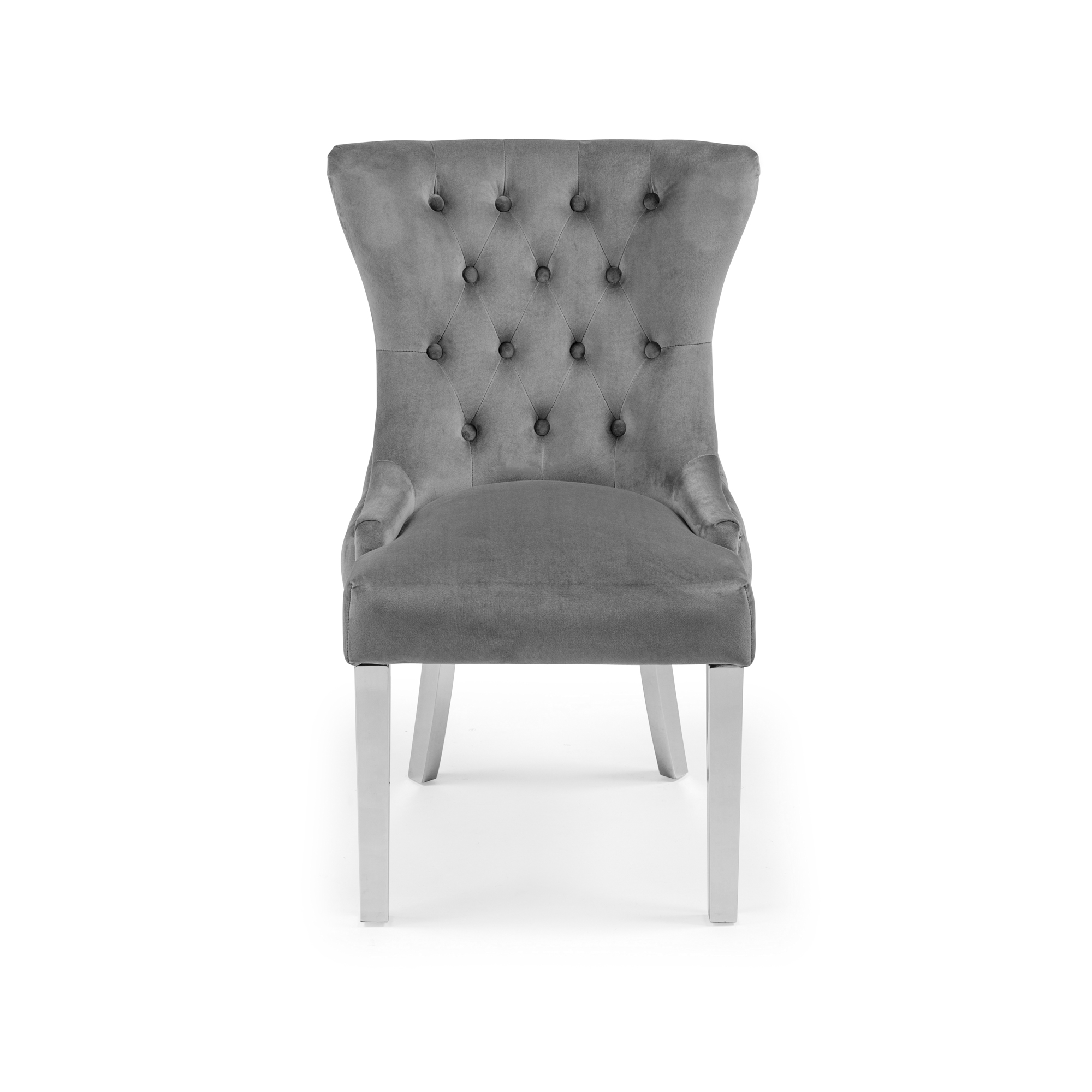 Knightsbridge Buttoned Grey Brushed Velvet Dining Chair with Polished Stainless Steel Legs – Set of