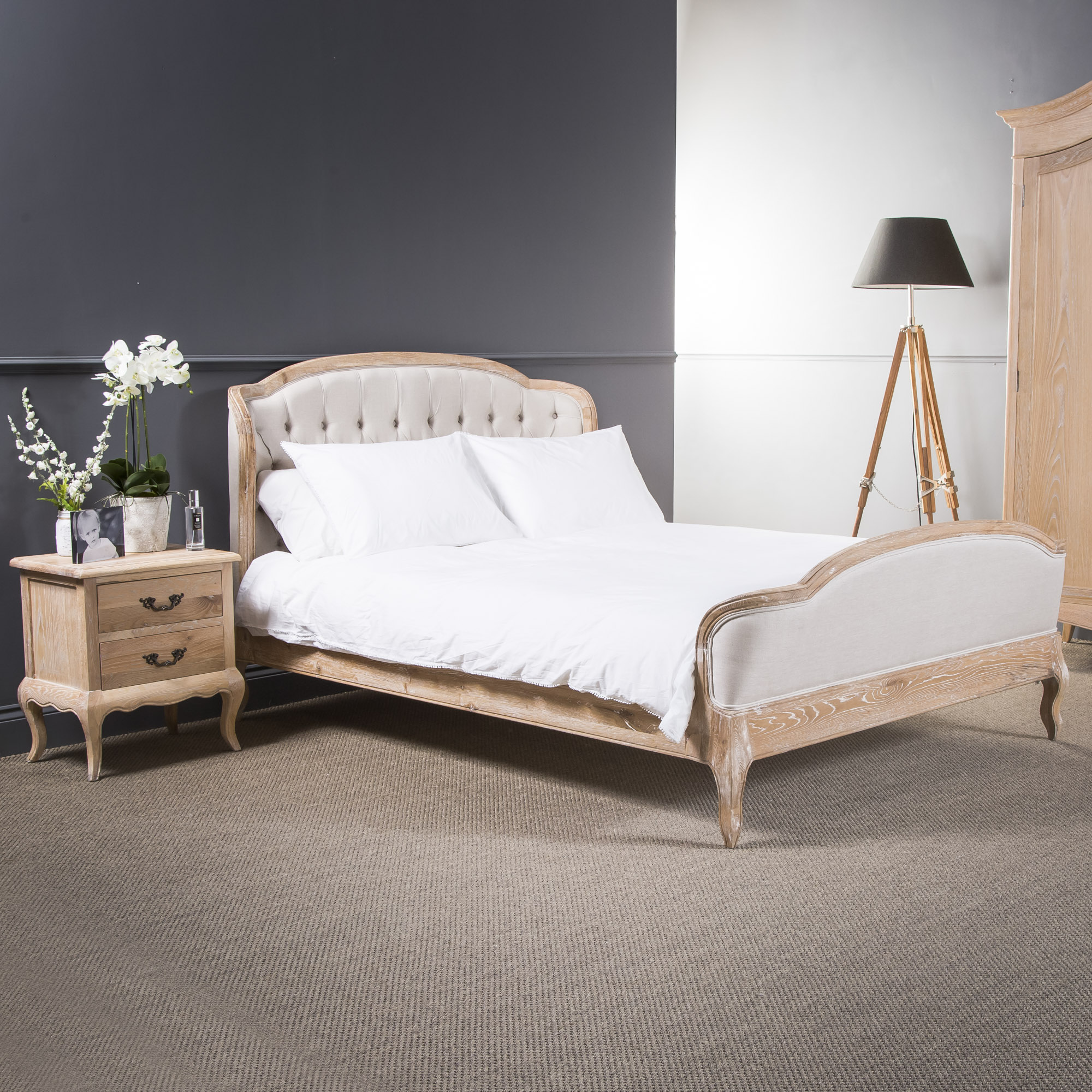 Josephine French Curved Weathered Whitewash Oak Upholstered Low Foot Board Bed  – King Size