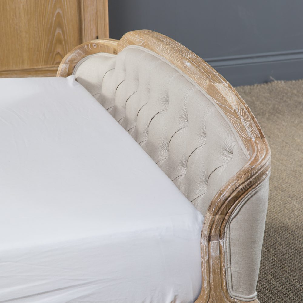 Josephine French Curved Weathered Whitewash Oak Upholstered High Board Bed - Super King Size - Image 9