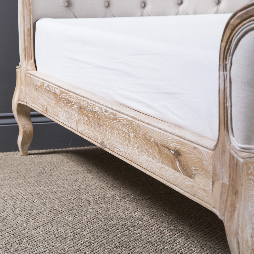 Josephine French Curved Weathered Whitewash Oak Upholstered High Board Bed - Super King Size - Image 5