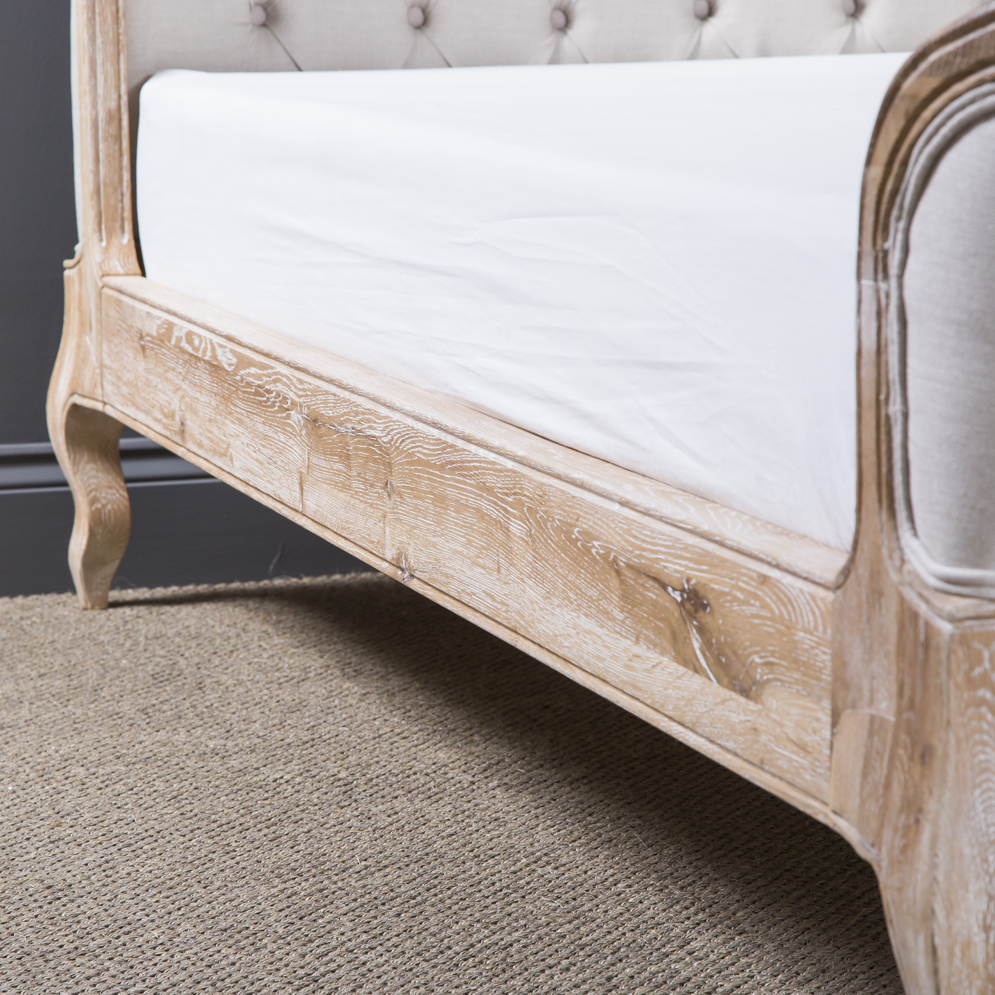 French Curved Weathered Whitewash Oak Upholstered Low Foot Board Bed  – King Size