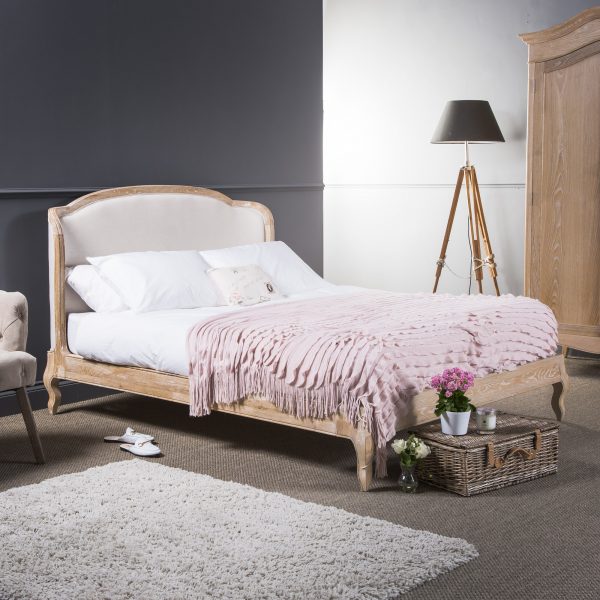 Sophie French Limed Oak Upholstered Curved Low Foot Board Bed – King Size