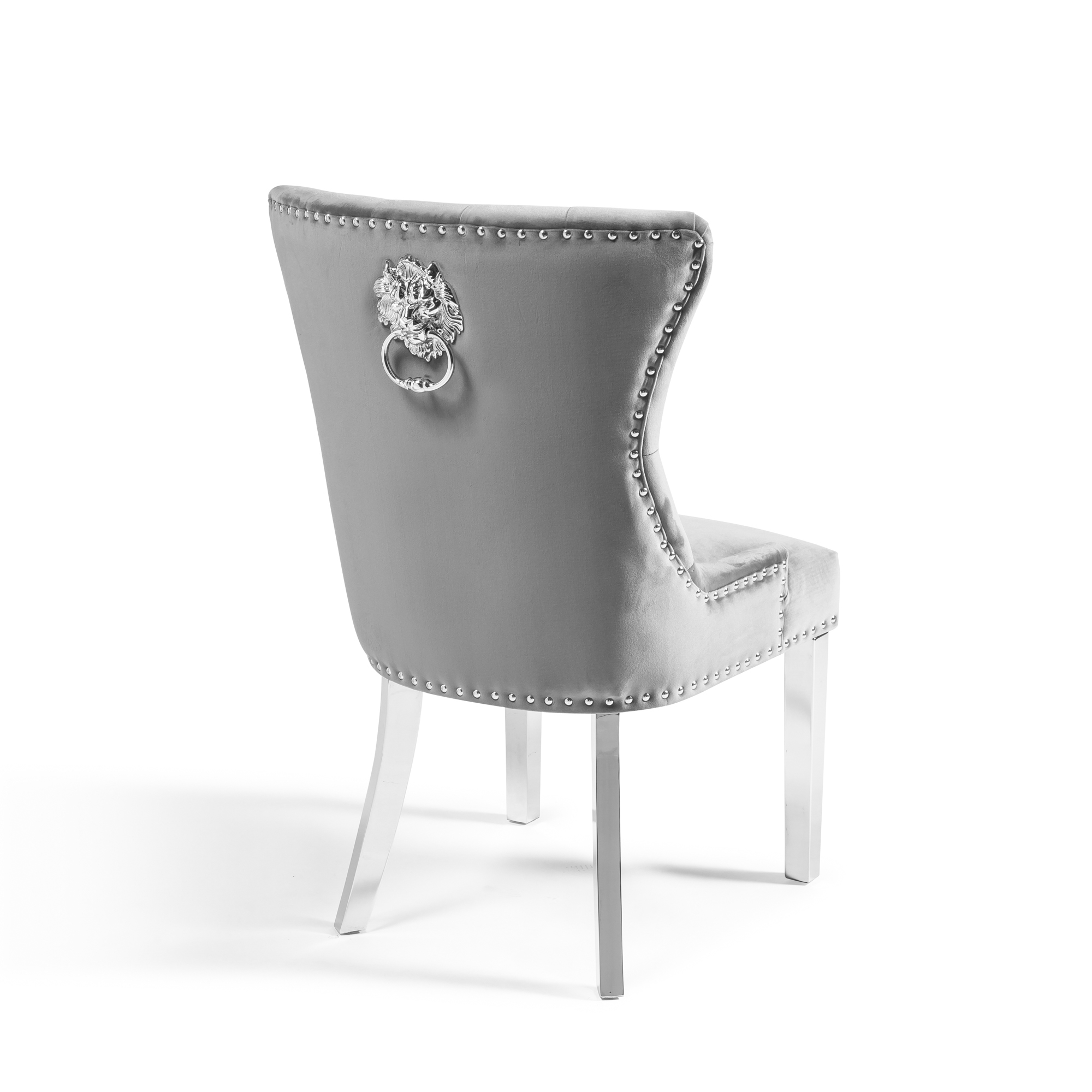 Knightsbridge Grey Velvet Dining Chair with Polished Steel Legs – Lions Head