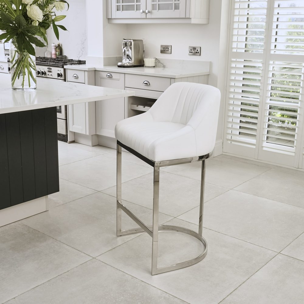 Barcelona White Velvet Bar Stool with a Stainless Steel Frame
