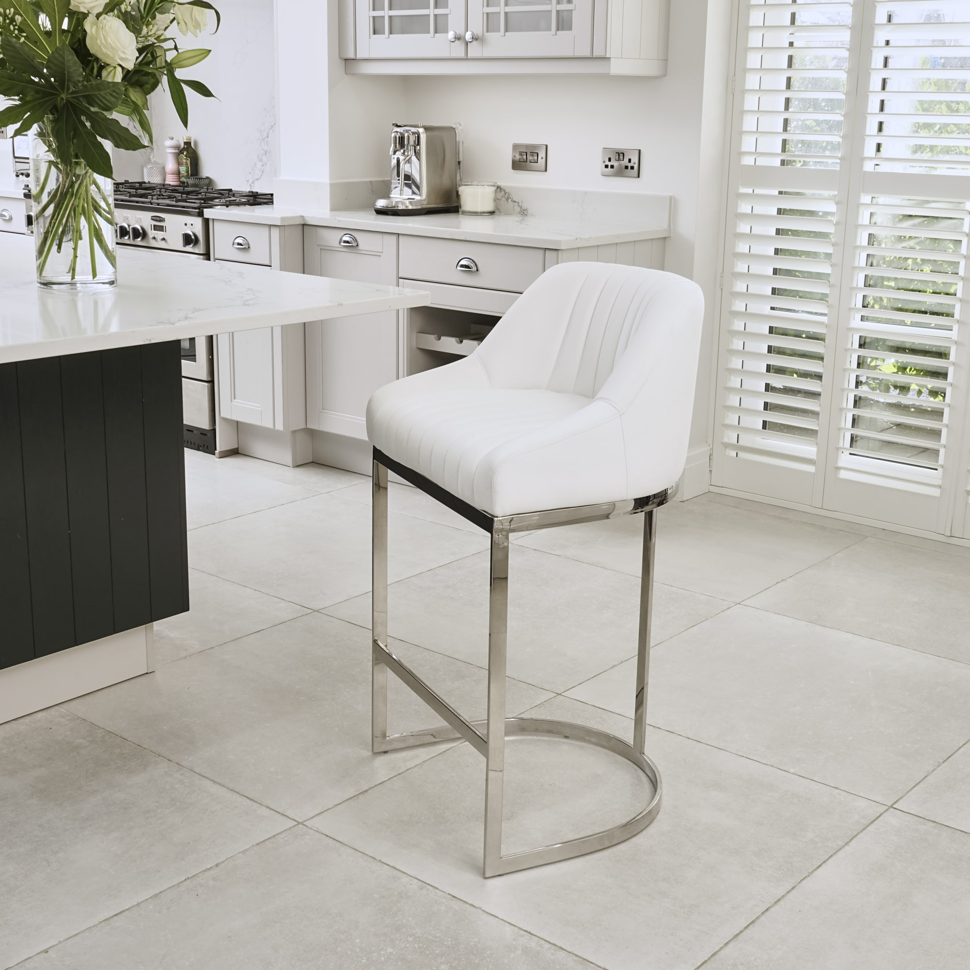 Barcelona White Velvet Bar Stool with a Stainless Steel Frame