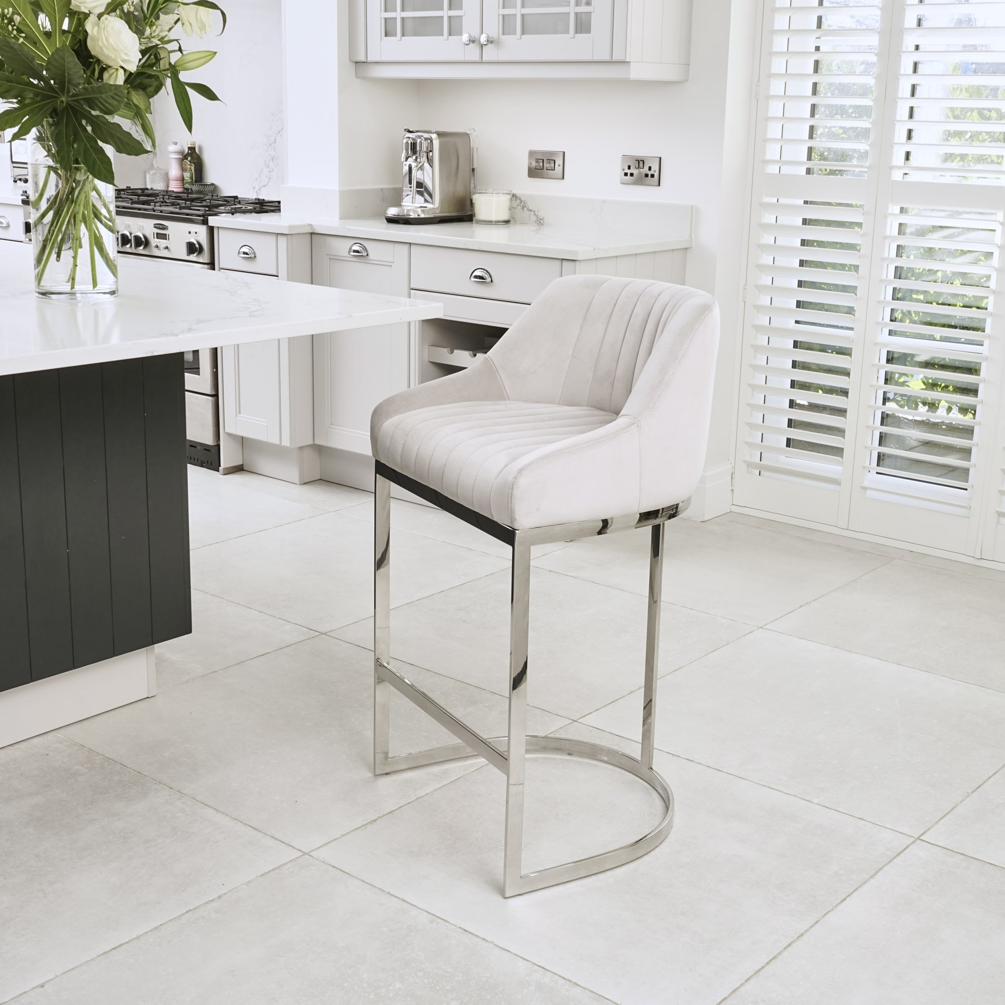 Barcelona Dove Grey Velvet Counter Stool with a Stainless Steel Frame
