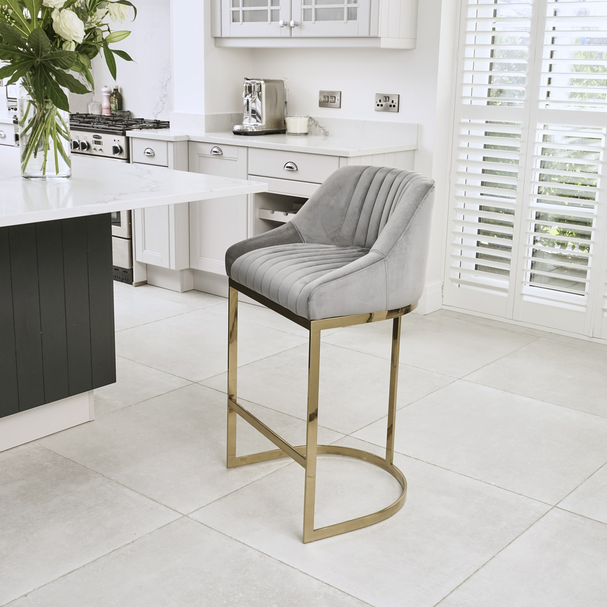 Barcelona Grey Velvet Kitchen Counter Stool with a Gold Stainless Steel Frame