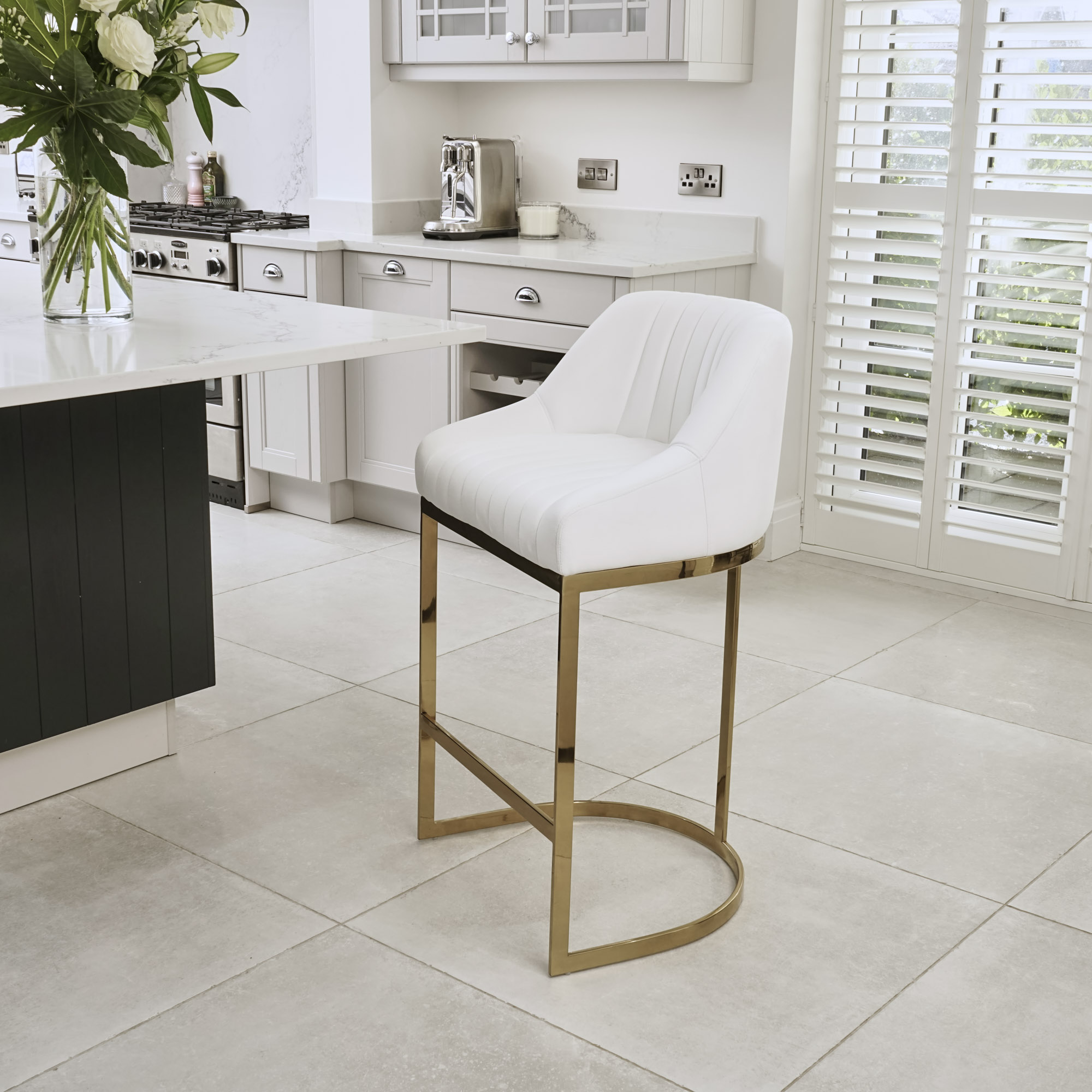 Barcelona White Velvet Bar Stool with a Gold Stainless Steel Frame