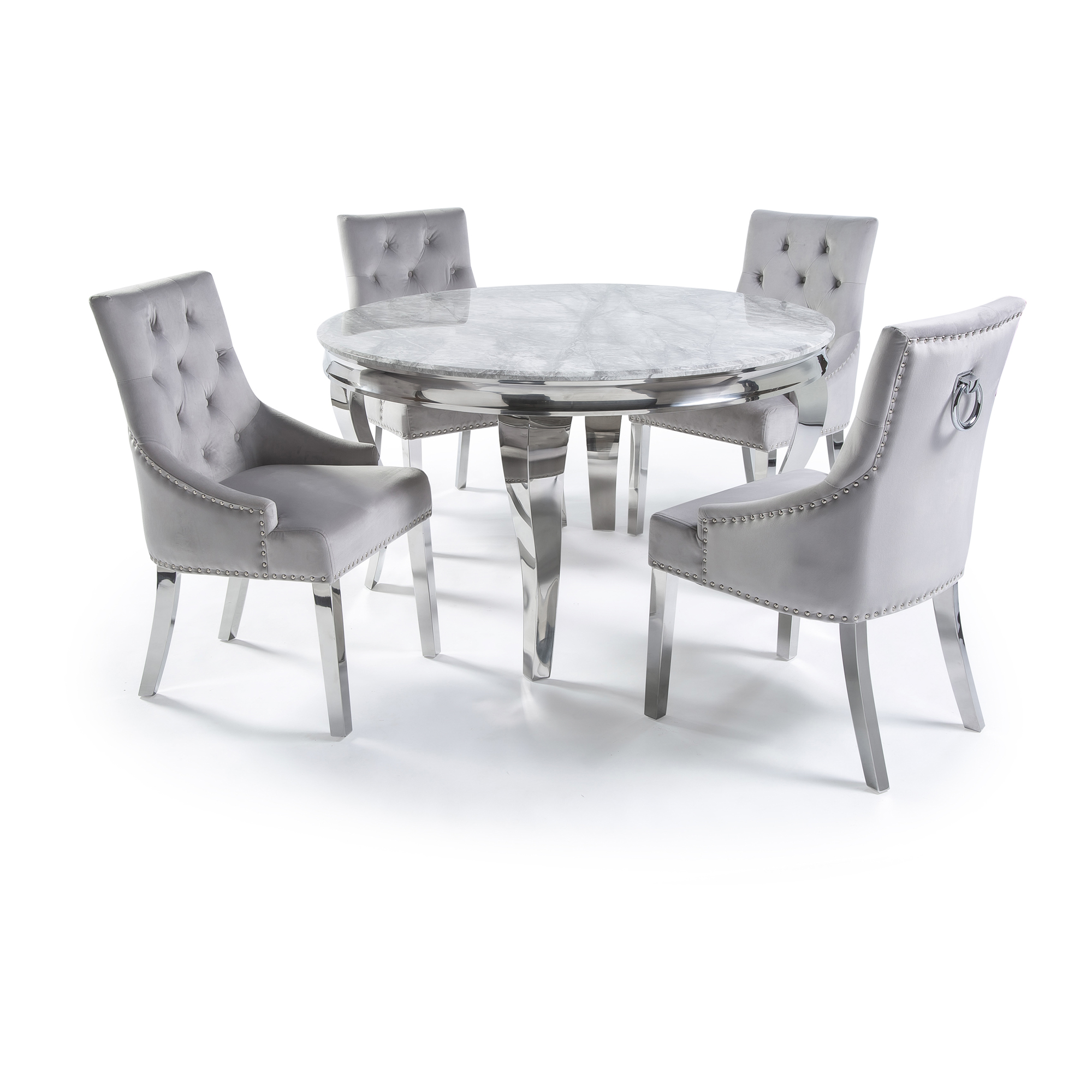 1.3m Circular Louis Polished Steel Dining Grey Marble Table Set with 4 Dove Grey Brushed Velvet Dining Chair