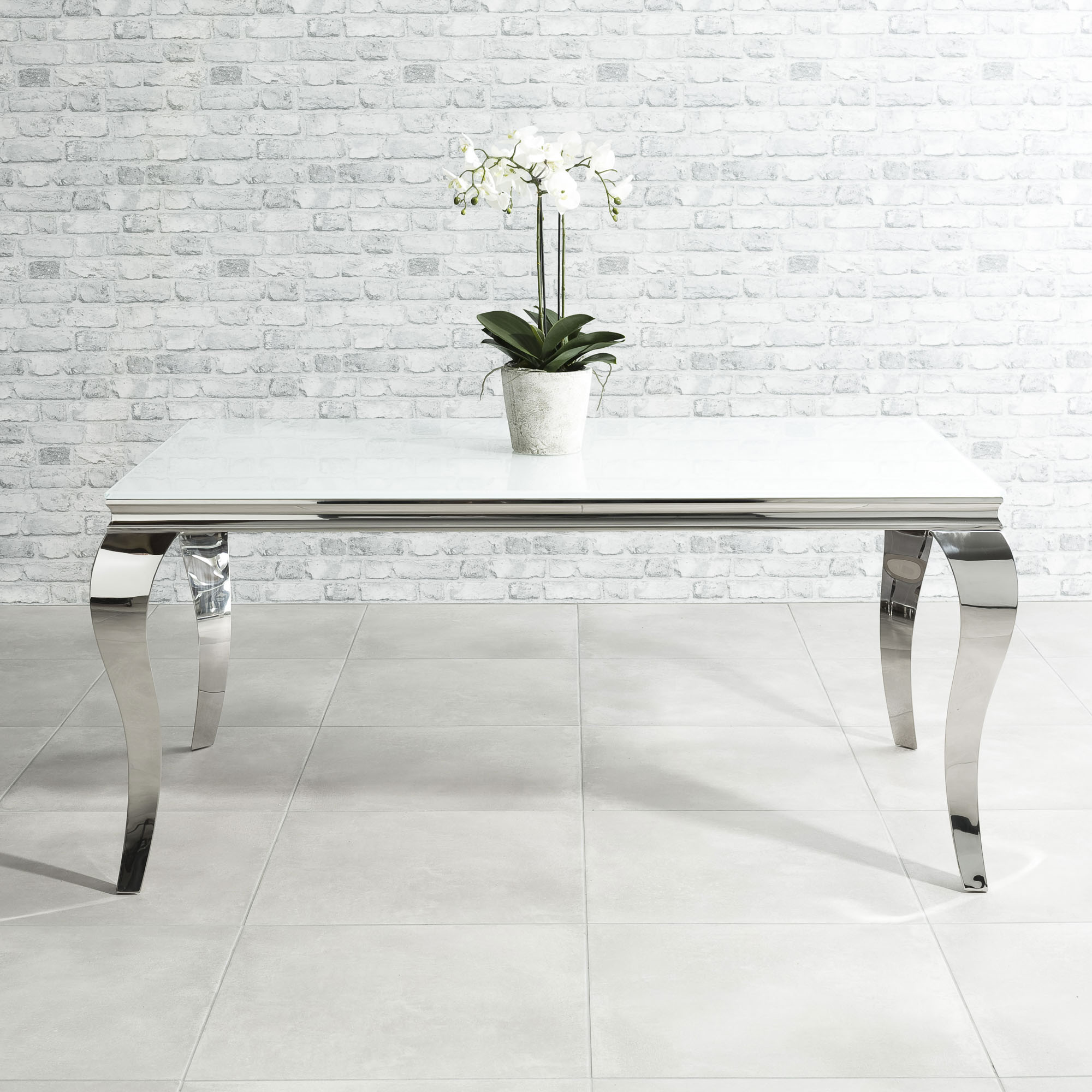 1.6m Louis Polished Steel Dining White Glass Table & Dining Bench Set