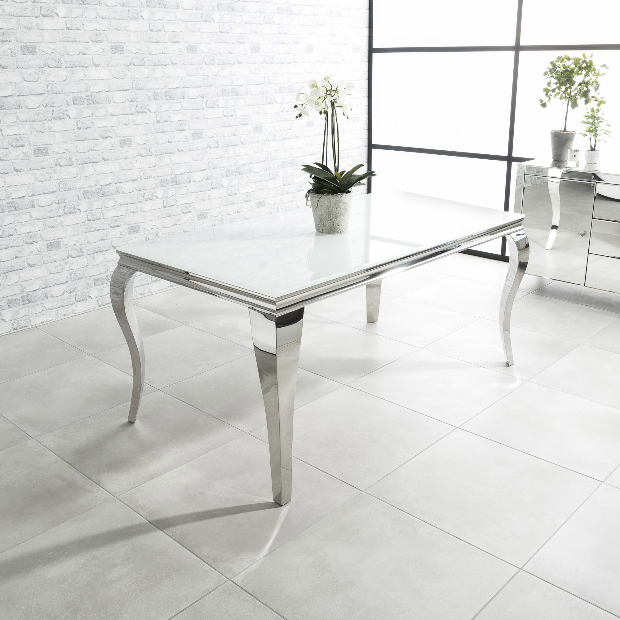 1.6m Louis Polished Steel & White Glass Dining Table Set with 4 Grey Brushed Velvet Dining Chairs