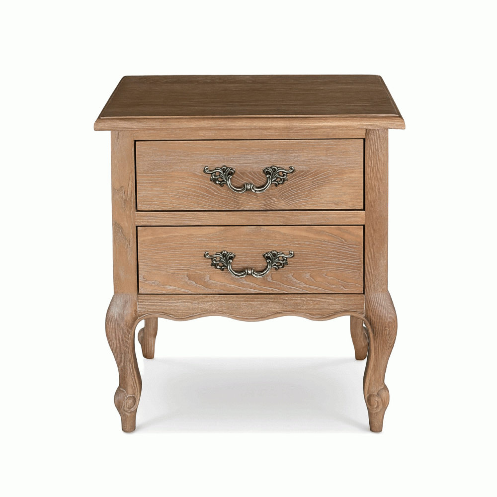 French Weathered Limed Ash Two Drawer Bedside Table