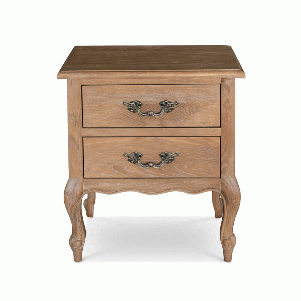 French Weathered Limed Ash Two Drawer Bedside Table