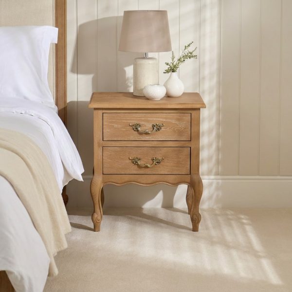 French Weathered Limed Ash Two Drawer Bedside Table