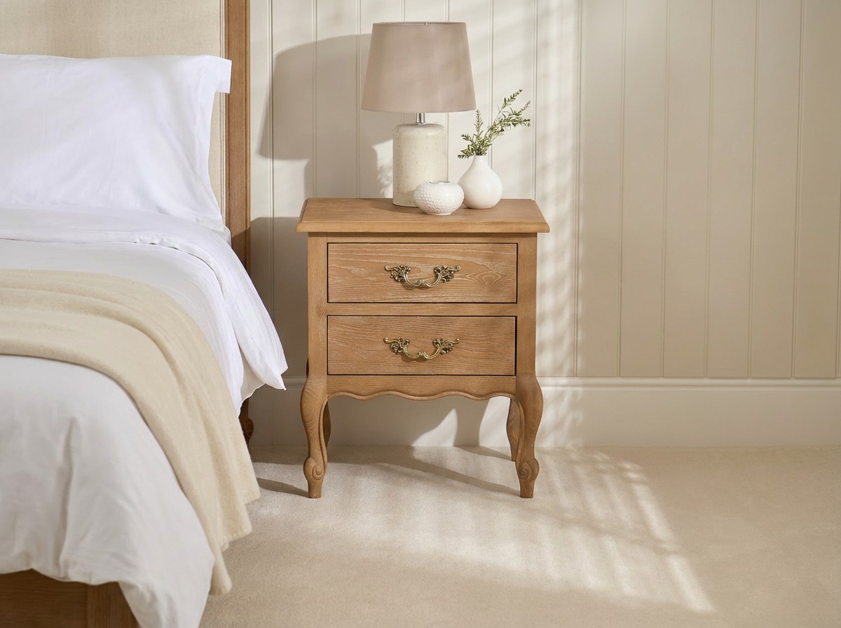 French Weathered Limed Ash Two Drawer Bedside Table