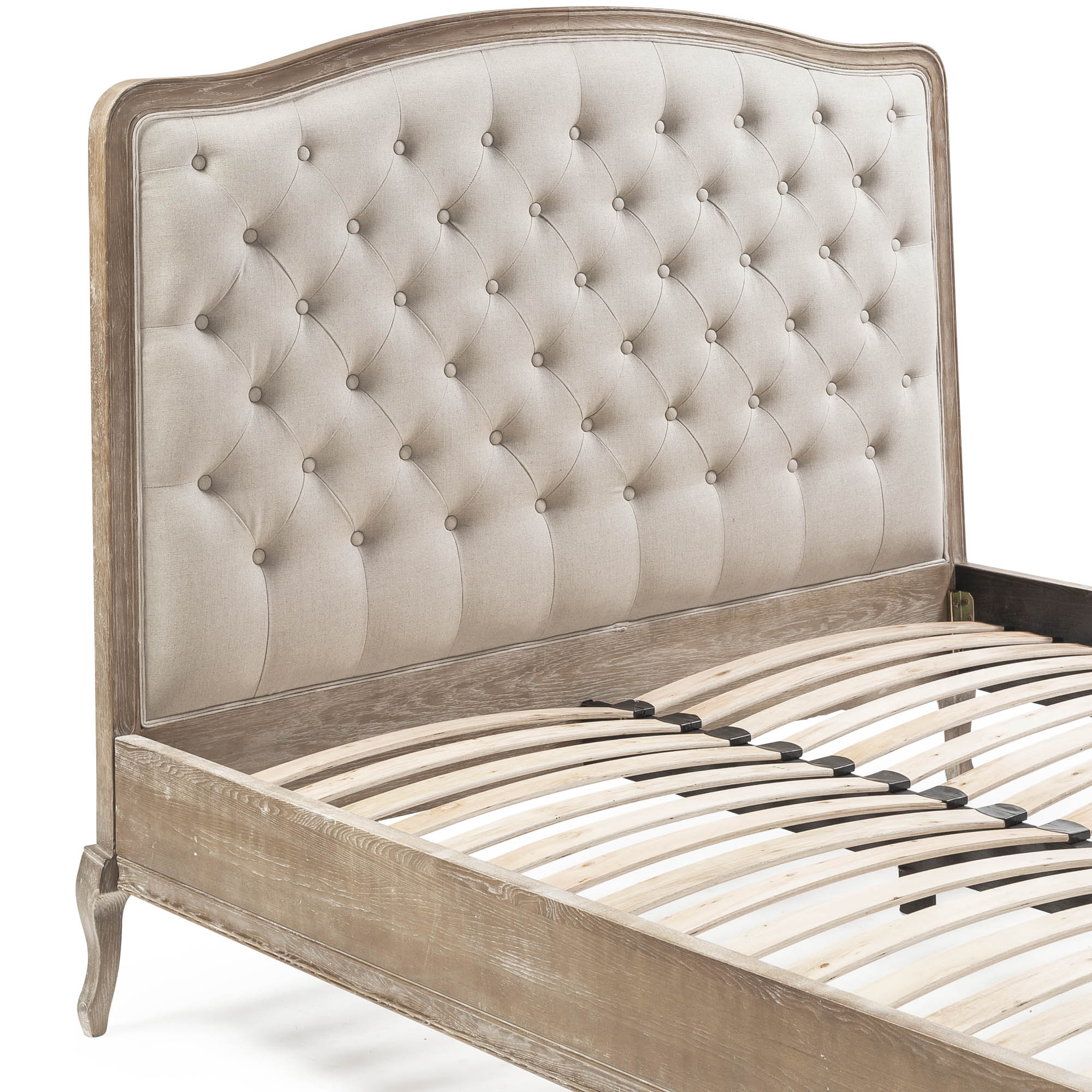 Arielle French Weathered Limed Ash Buttoned Upholstered High Foot Board Bed – King Size