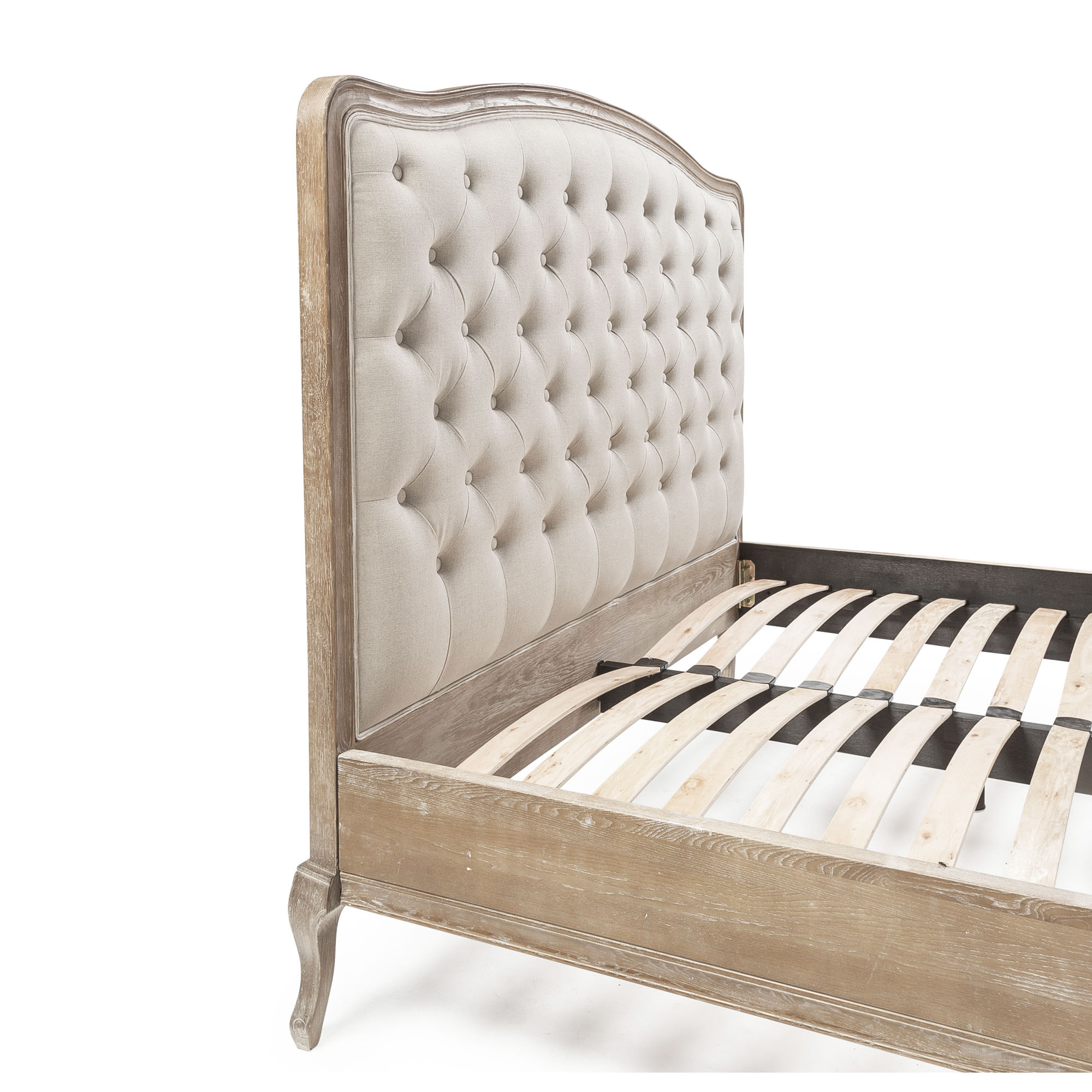 Arielle French Weathered Limed Ash Buttoned Upholstered High Foot Board Bed – Double Size