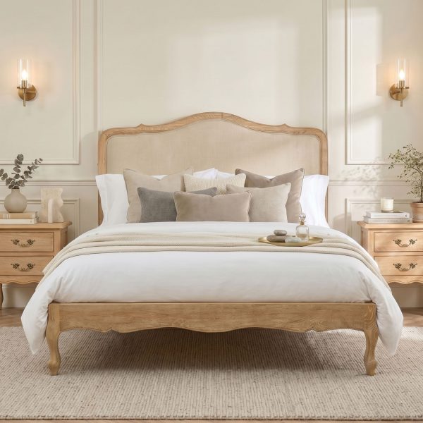 Clementine Whitewash Oak Upholstered Low Foot Board Bed – Double