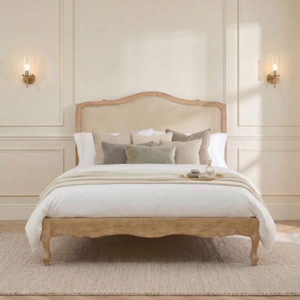 Clementine Whitewash Oak Upholstered Low Foot Board Bed – Double