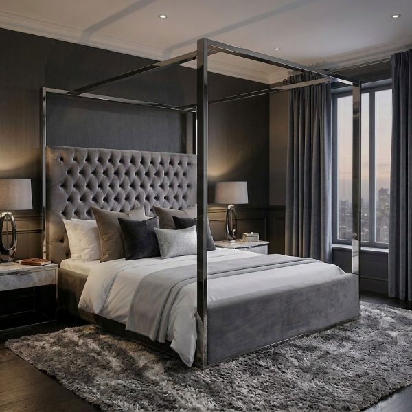 6ft Boston Super King Size Polished Steel Velvet Four Poster Bed