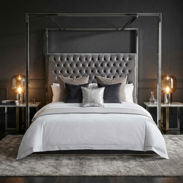 6ft Boston Super King Size Polished Steel Velvet Four Poster Bed