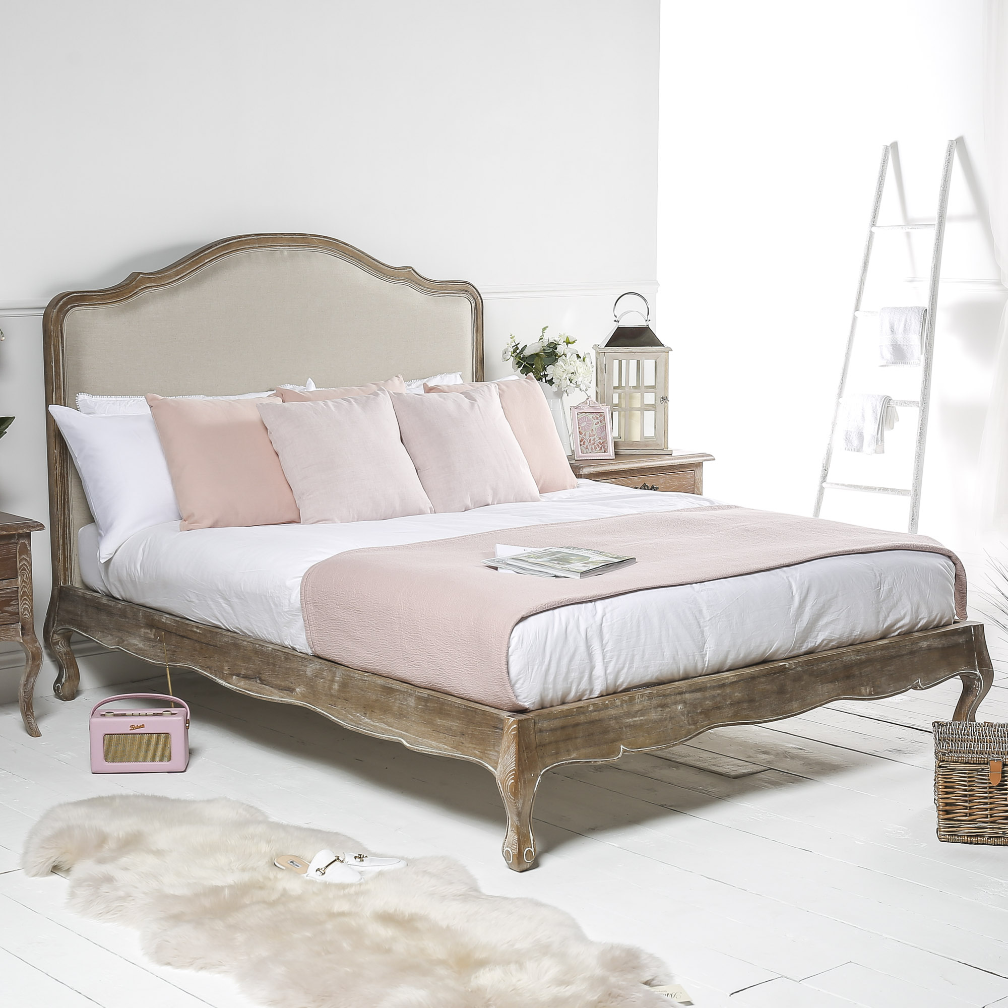 Eloise French Weathered Limed Ash Upholstered Low Foot Board Bed – Double Size