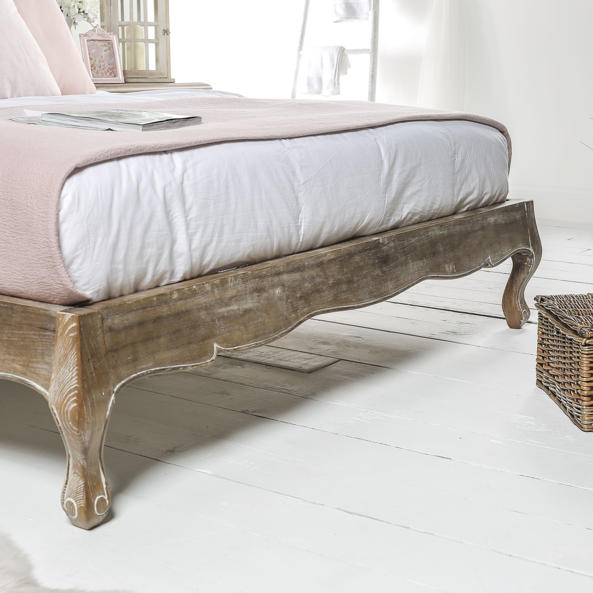 Eloise French Weathered Limed Ash Upholstered Low Foot Board Bed – King Size
