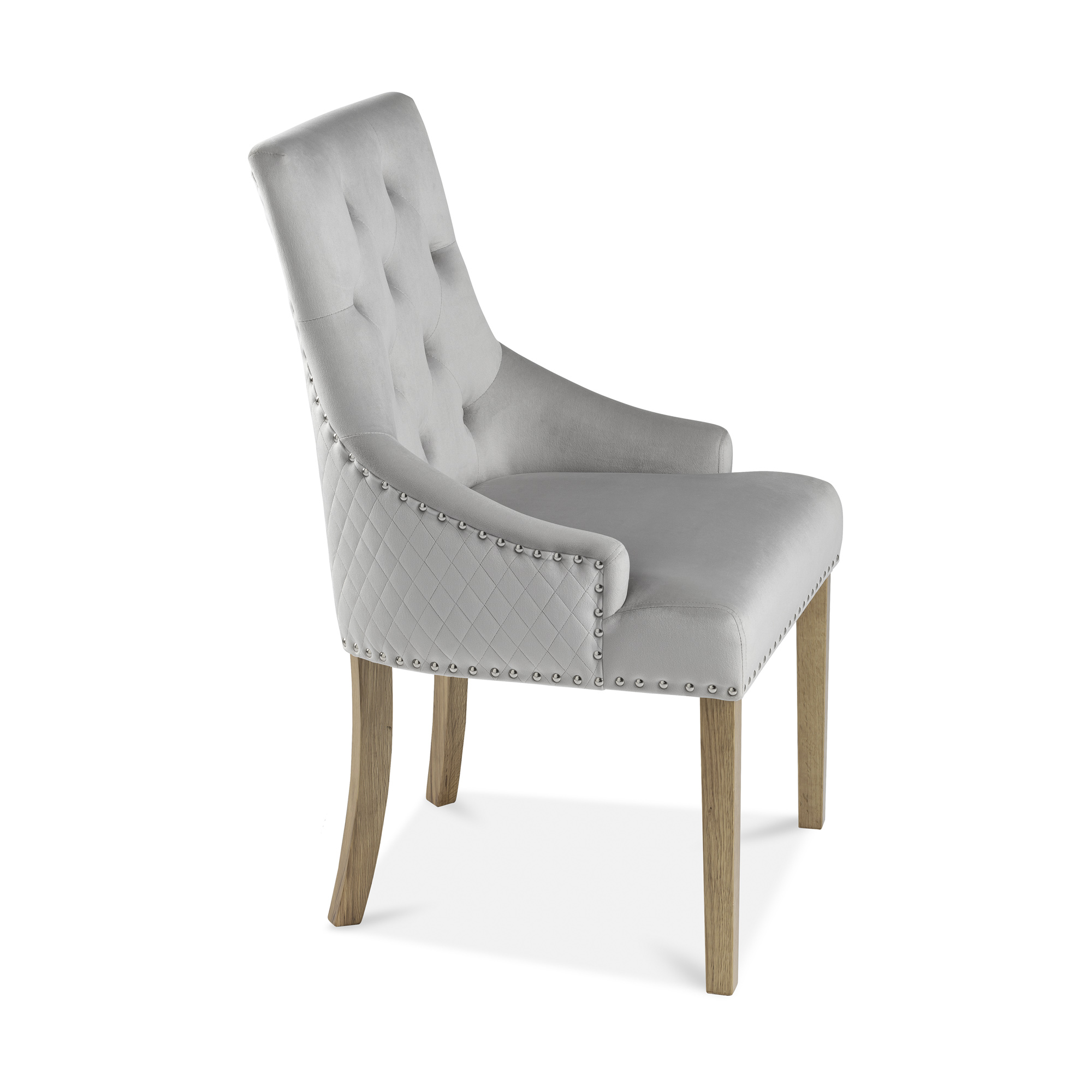 Chelsea Brushed Velvet Upholstered Scoop Dining Chair – Light Grey – Diamond Stitch – Hoop – Oak Leg