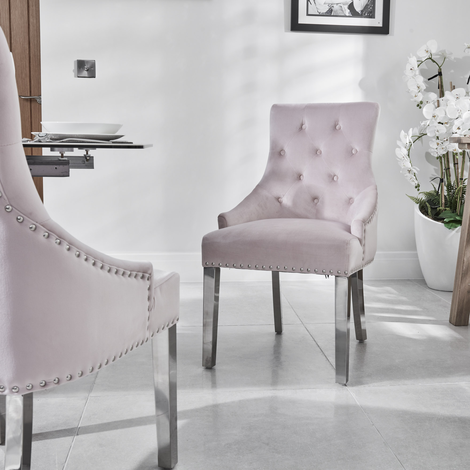 Chelsea Pink Brushed Velvet Upholstered Scoop Dining Chair – Steel Legs