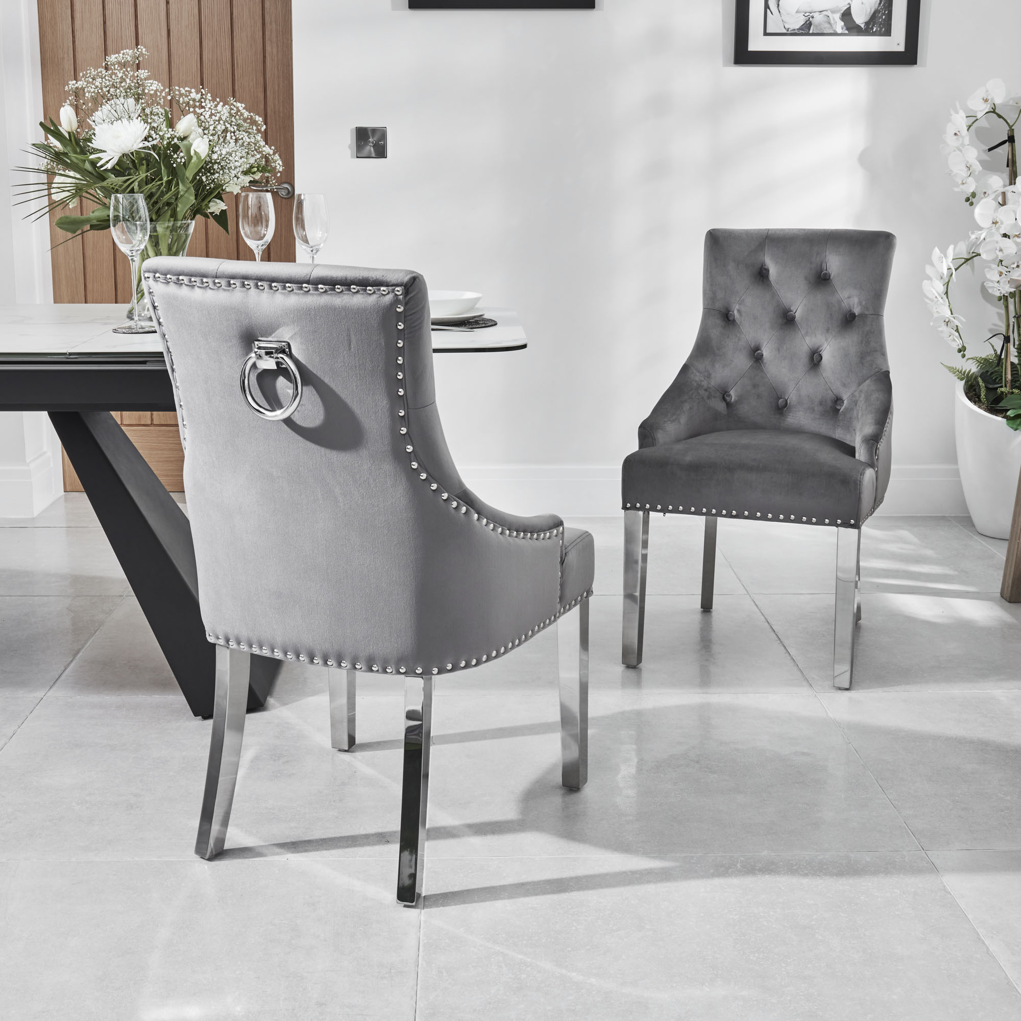 Chelsea Scoop Grey Velvet Dining Chair – Steel Legs