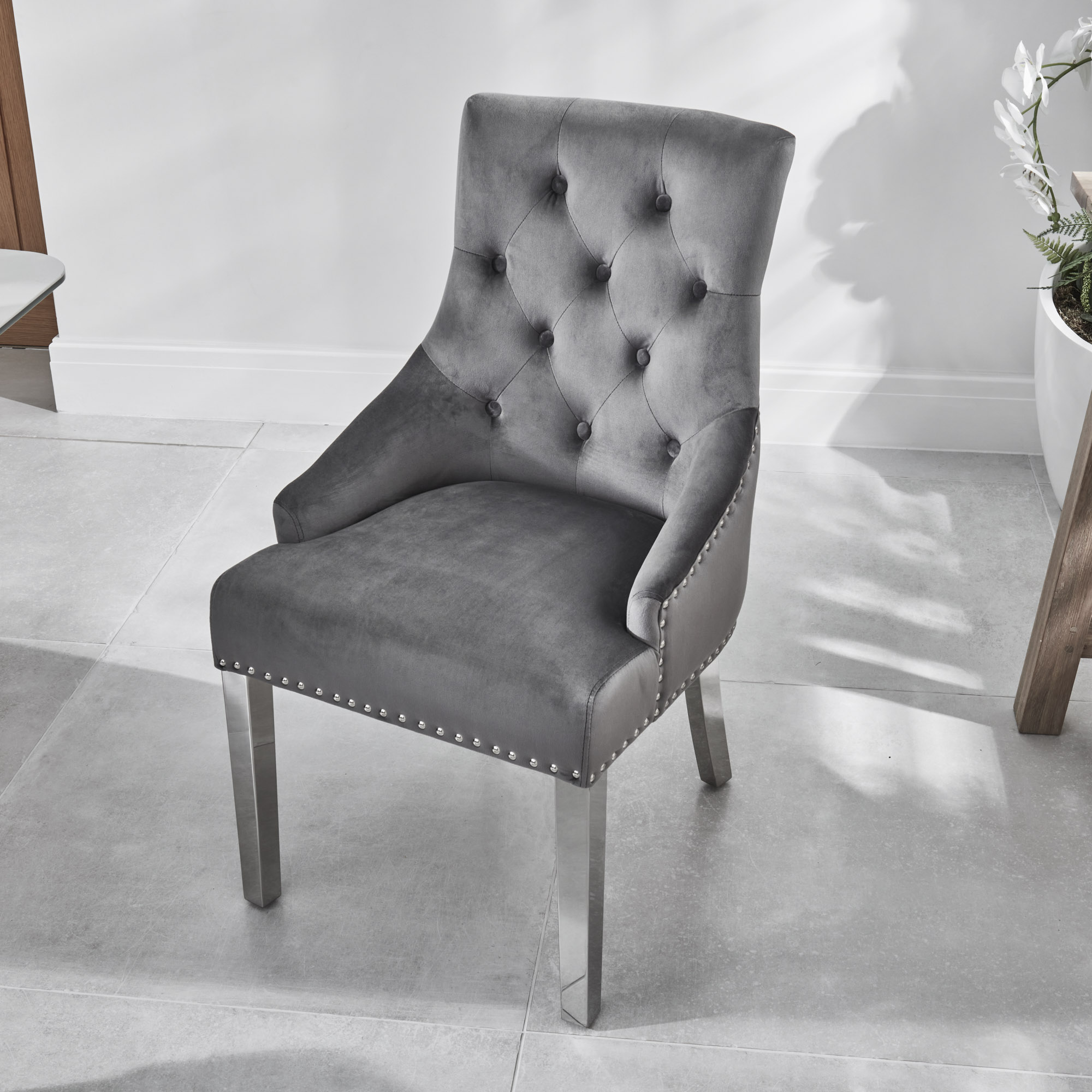 Chelsea Scoop Grey Velvet Dining Chair – Steel Legs
