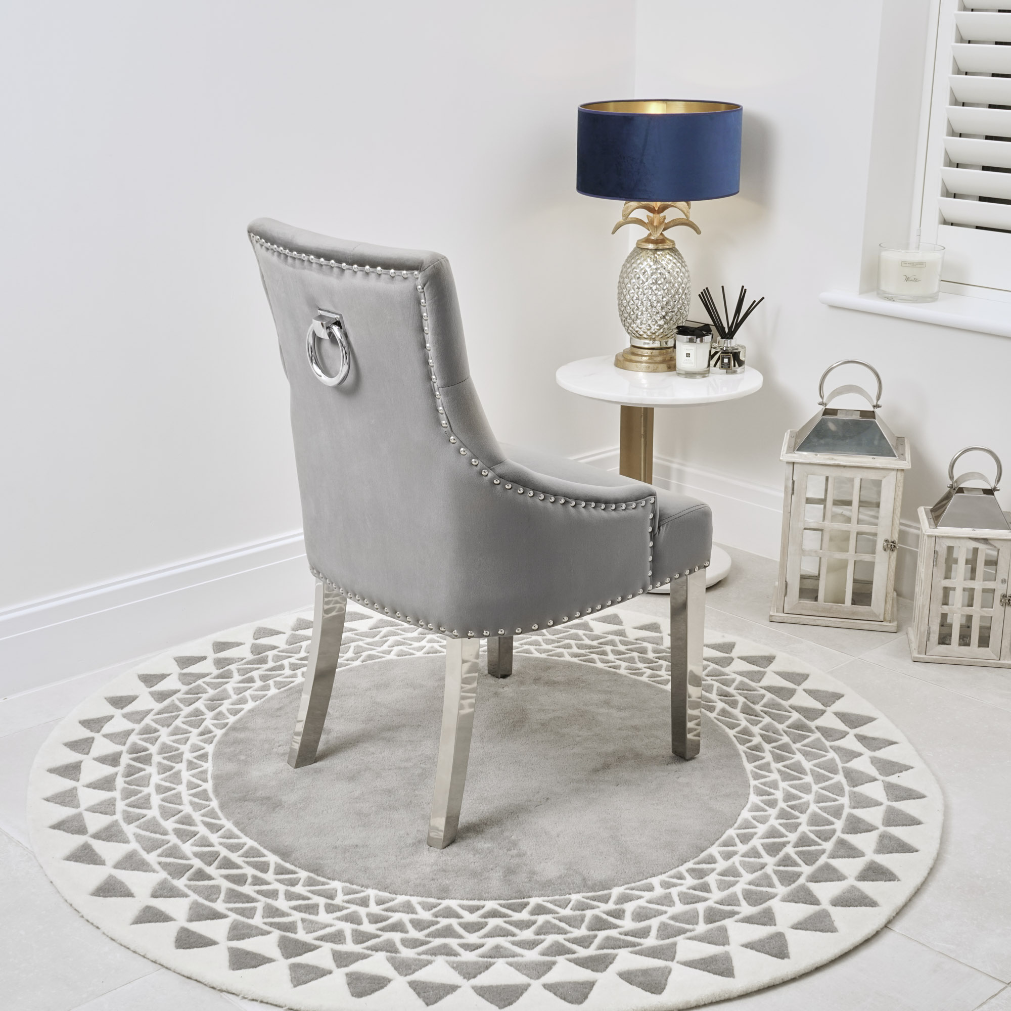 Set of 2 Chelsea Scoop Grey Velvet Dining Chair – Steel Legs