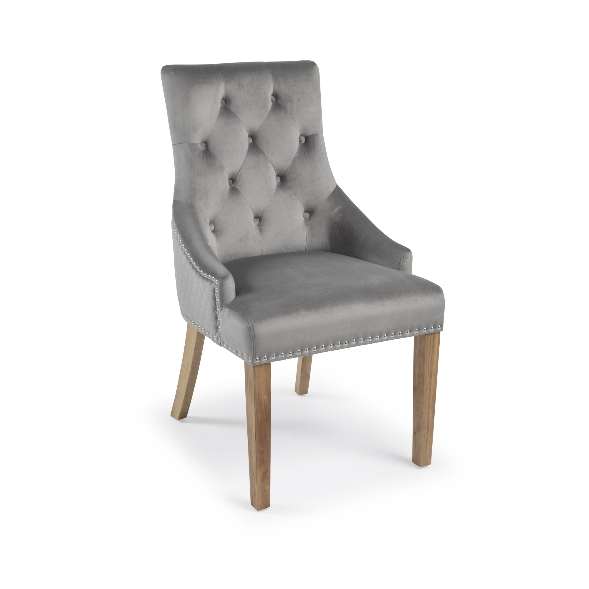 Chelsea Brushed Velvet Scoop Back Dining Chair in Grey – Diamond Stitch – Oak Legs