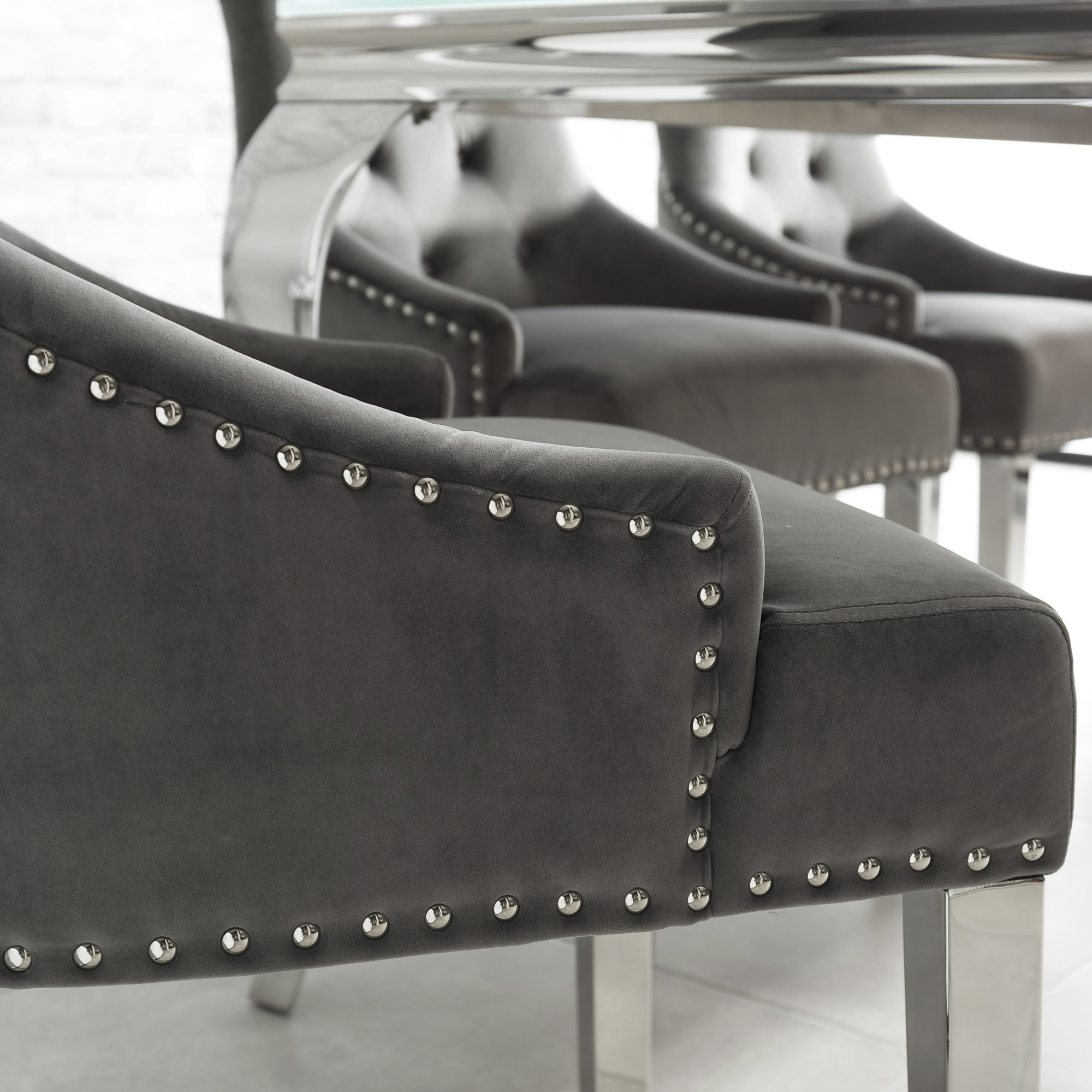 Chelsea Brushed Velvet Scoop Back Dining Chair in Grey – Diamond Stitch – Steel Legs