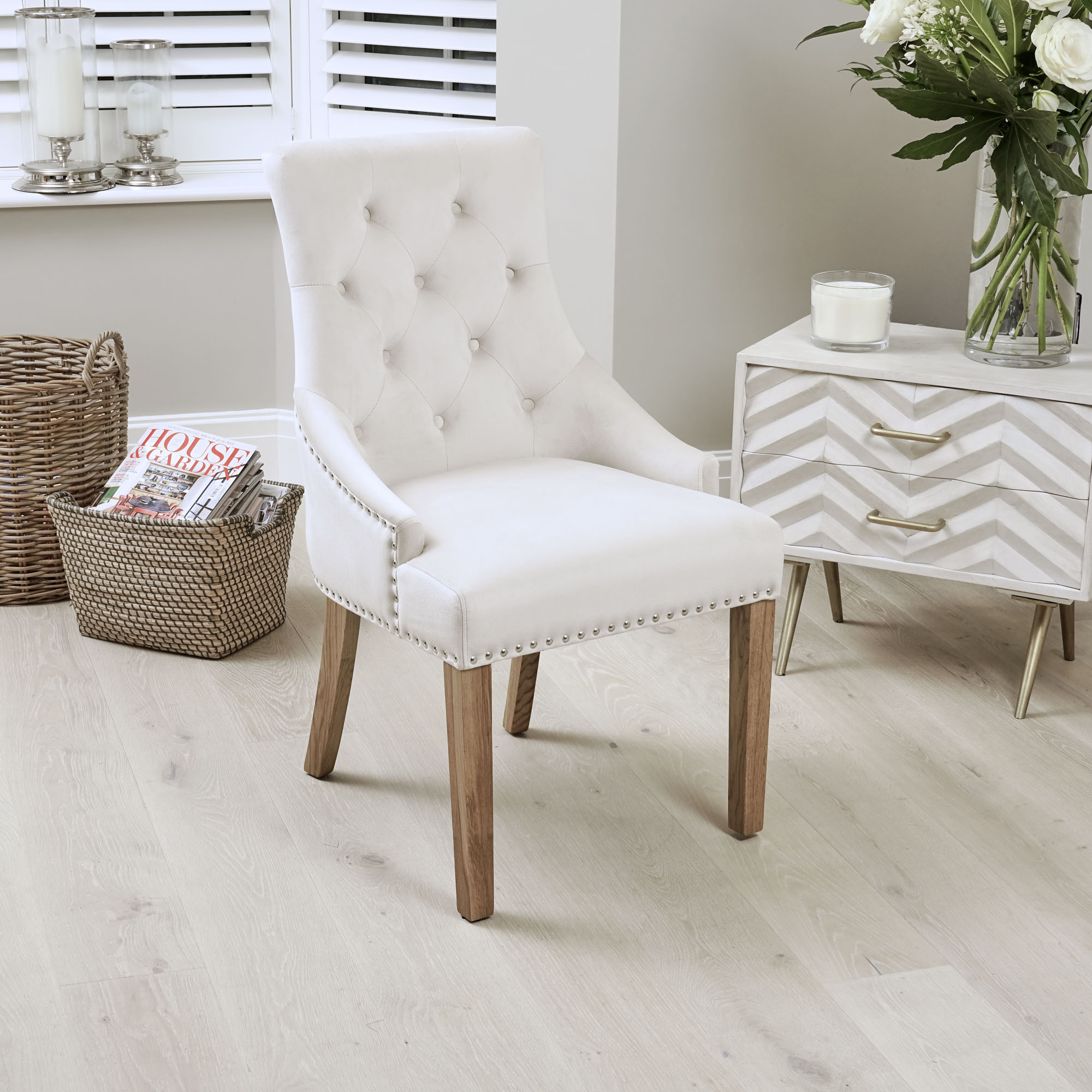 Chelsea Brushed Velvet Upholstered Scoop Back Dining Chair with Stainless Steel Hoop – Cream – Oak Legs