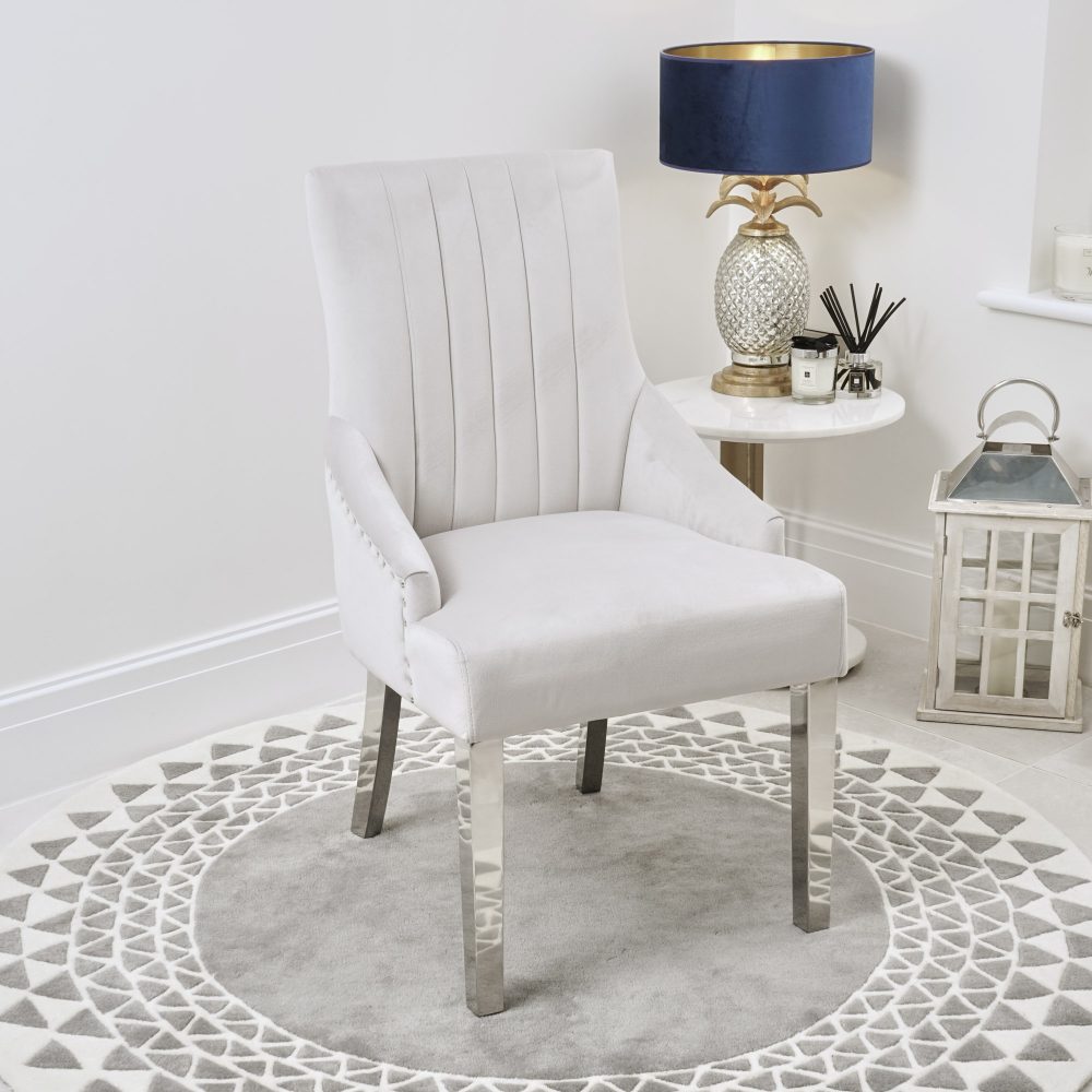Chelsea Light Grey Brushed Velvet Upholstered Scoop Dining Chair - Stainless Steel Legs