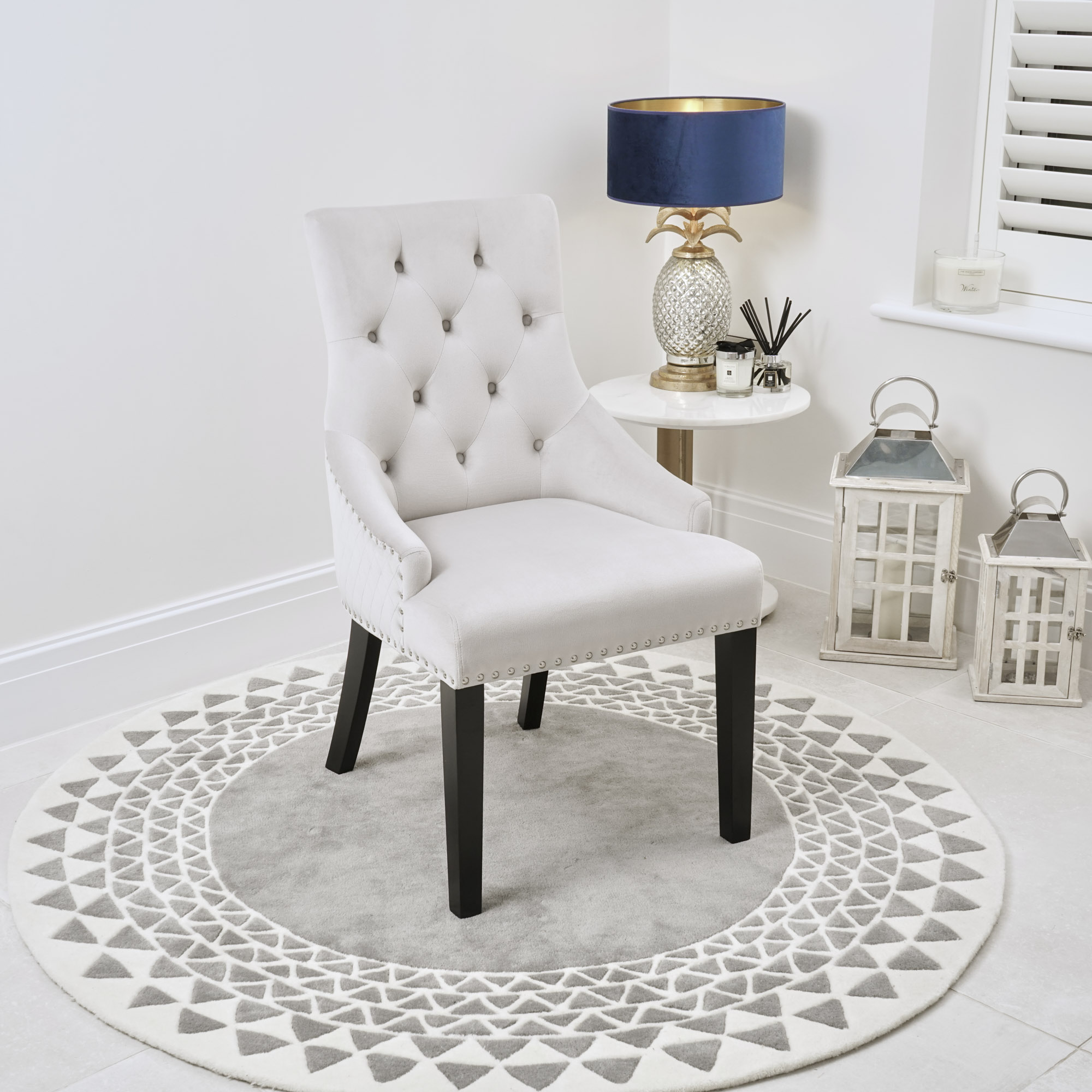Chelsea Brushed Velvet Upholstered Scoop Dining Chair – Light Grey – Diamond Stitch – Hoop – Black Legs