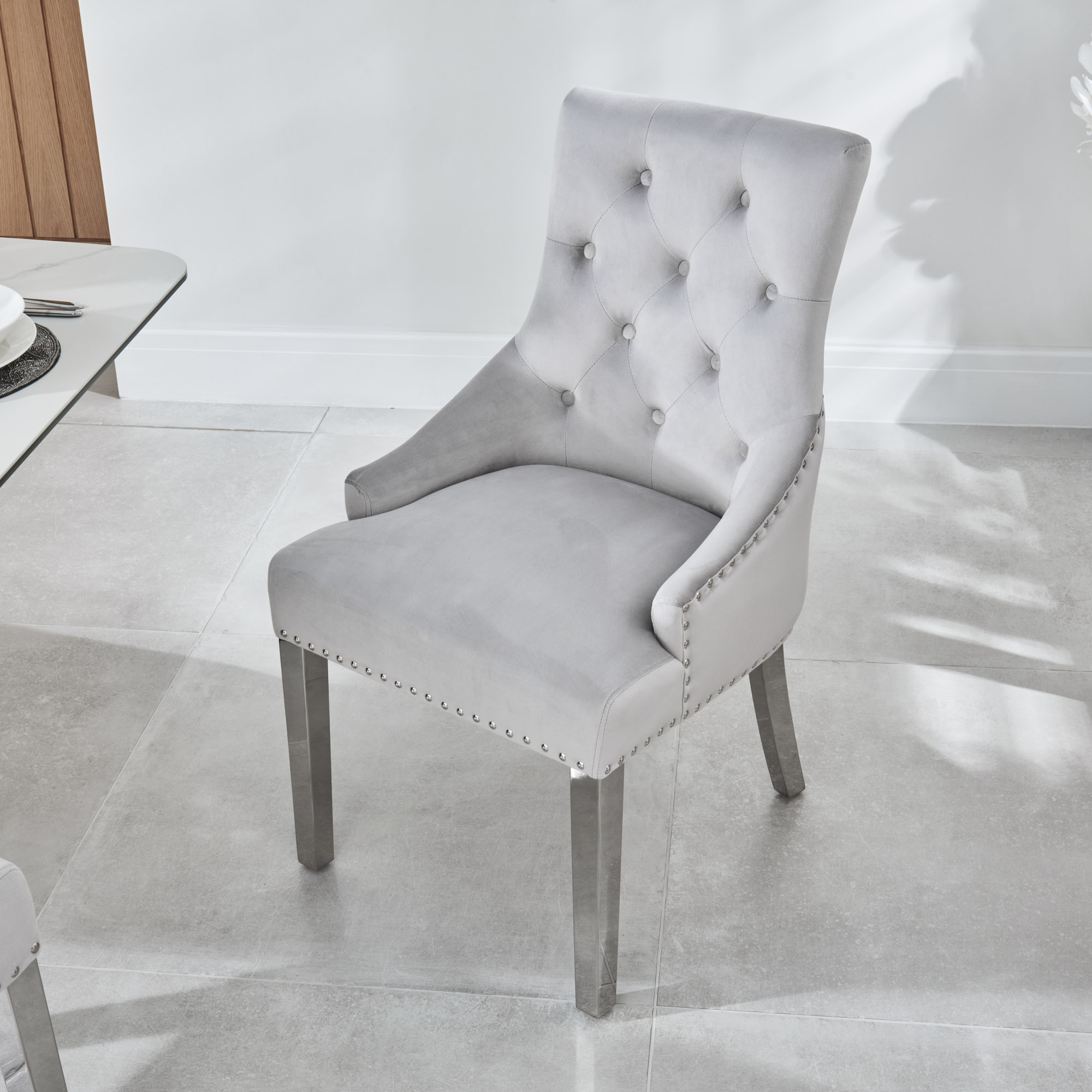 QTY 1 Chelsea Light Grey Brushed Velvet Scoop Back Dining Room Chair – Steel Legs
