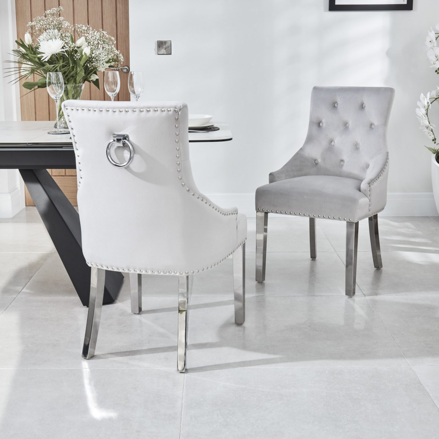 Luxury Chelsea Dove Grey Velvet Dining Room Chair Scoop Back