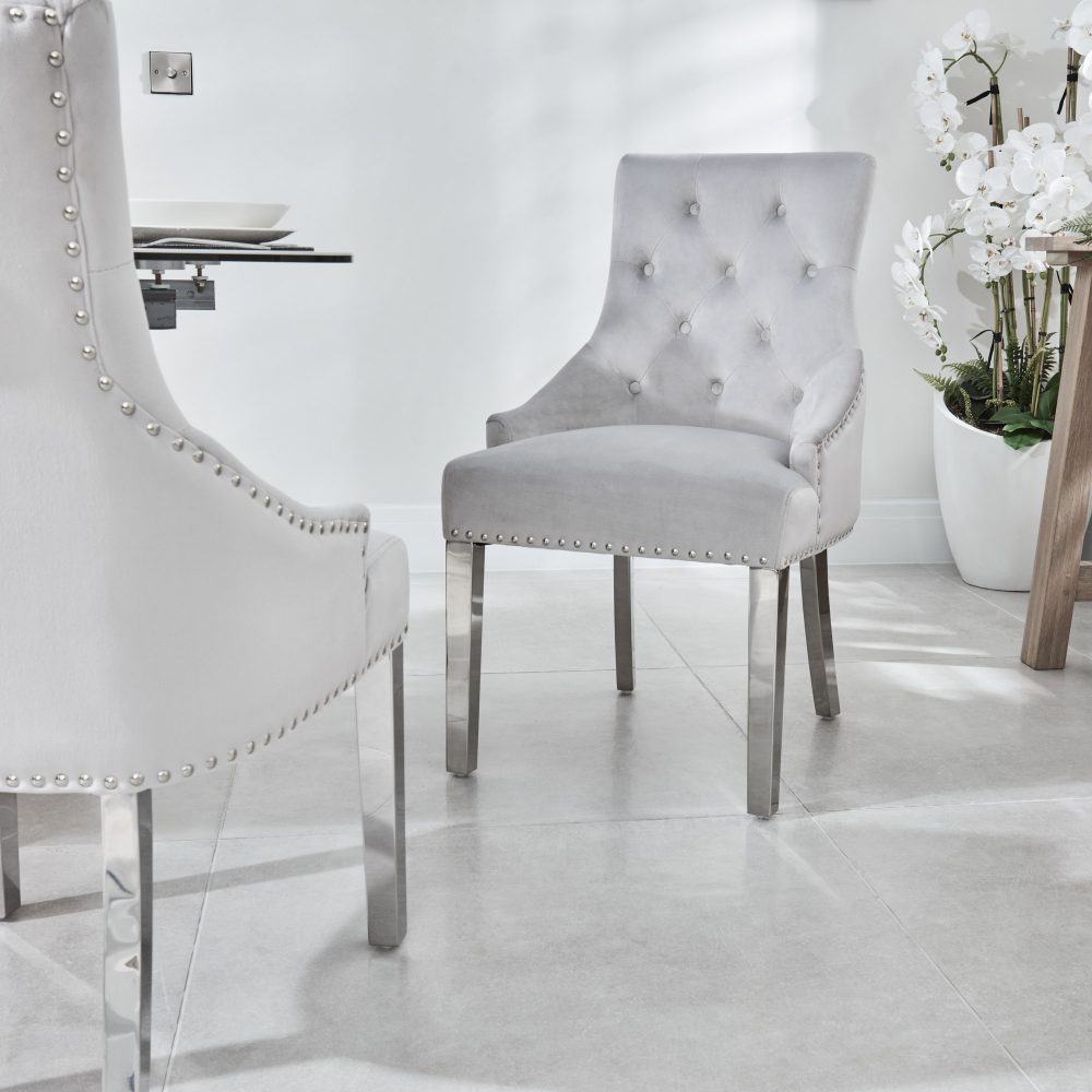 Luxury Chelsea Light Grey Brushed Velvet Scoop Back Dining Room Chair - Steel Legs - Image 3