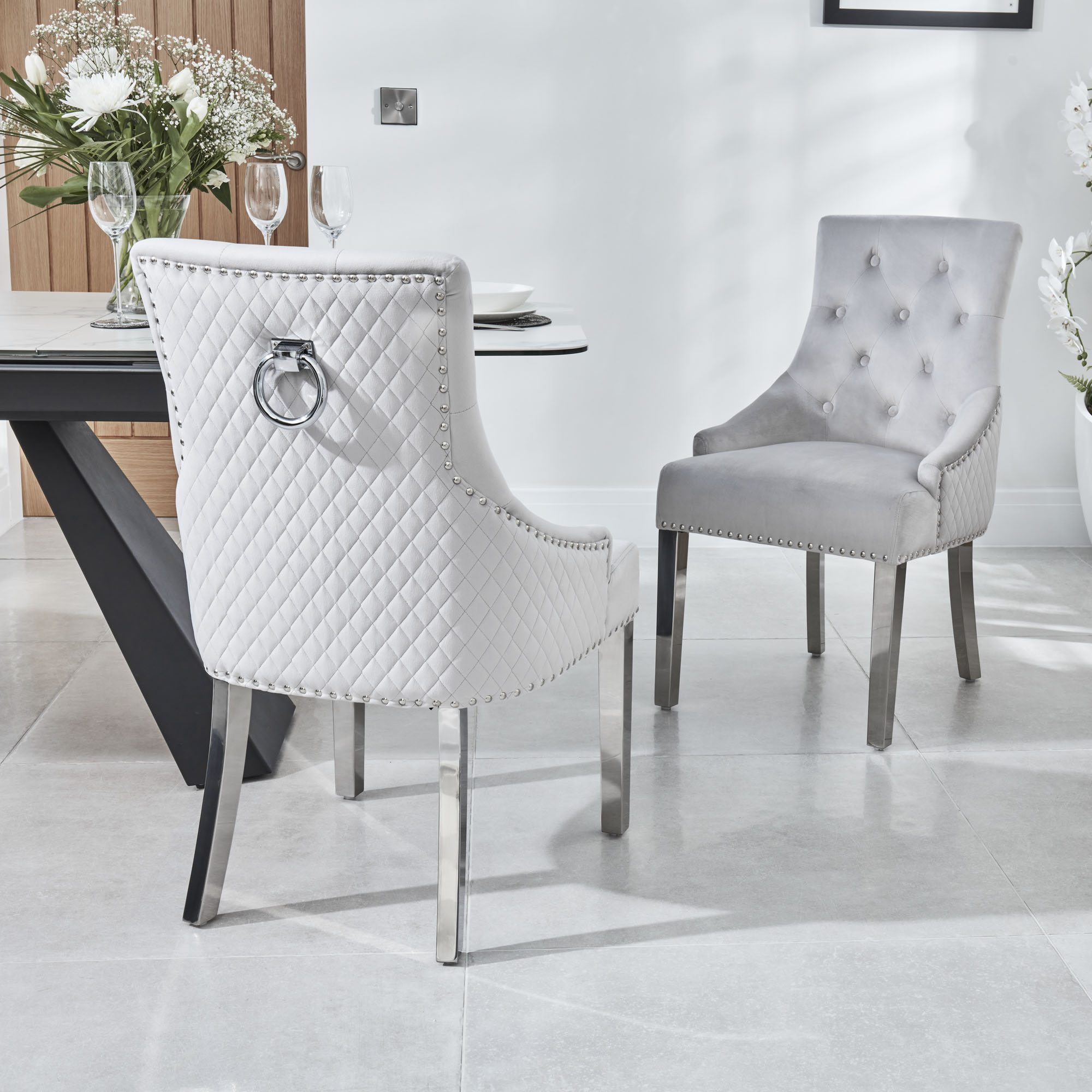 Chelsea Brushed Velvet Upholstered Scoop Dining Chair – Light Grey – Diamond Stitch – Hoop – Steel Leg