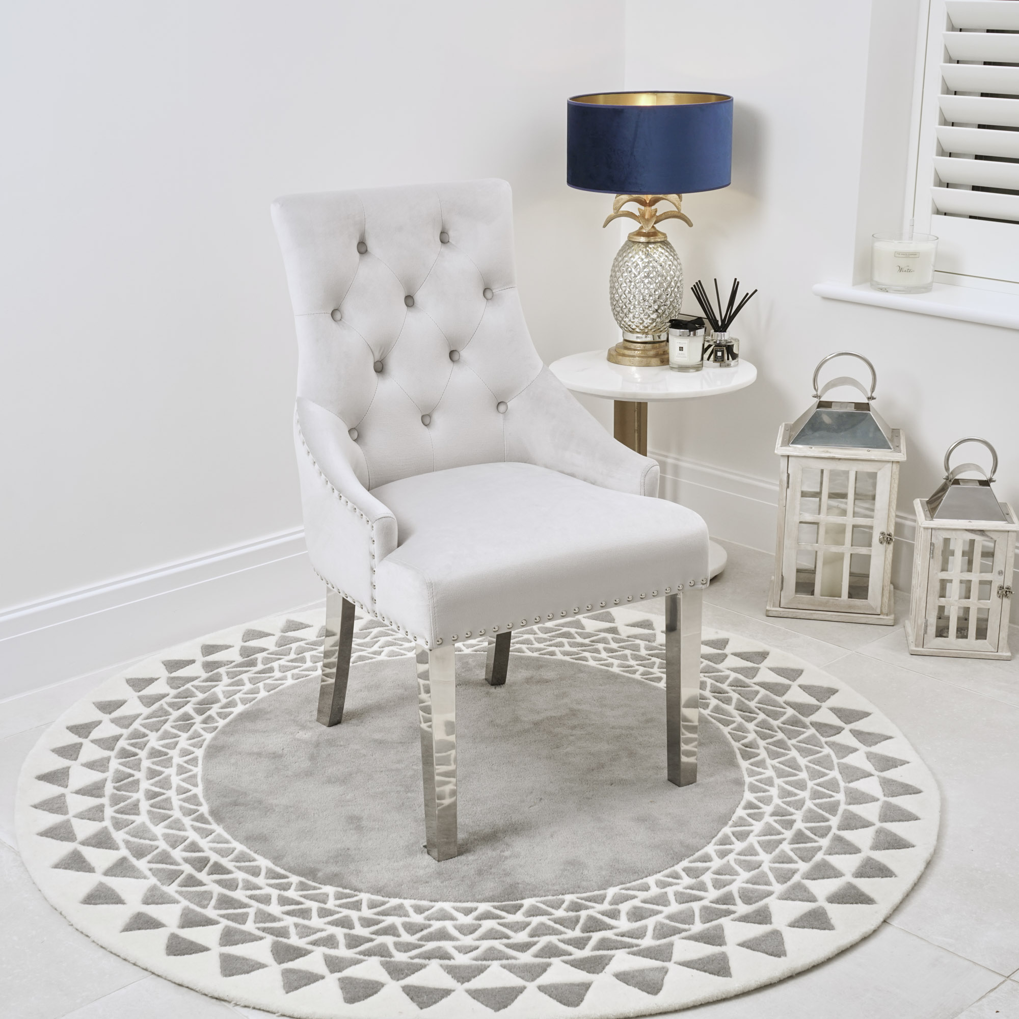 Set of 2 Luxury Chelsea Light Grey Brushed Velvet Scoop Back Dining Room Chair – Steel Legs
