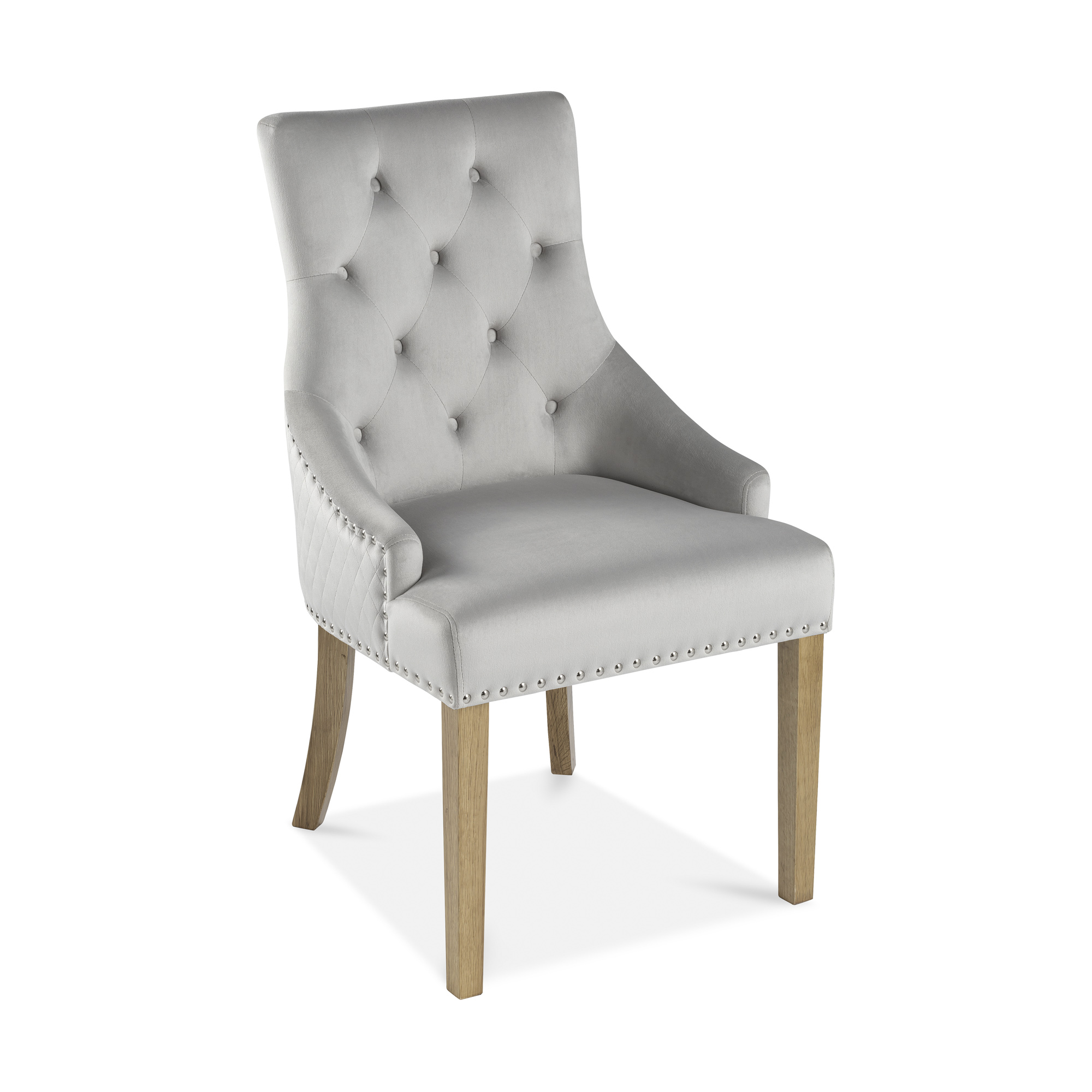 Chelsea Brushed Velvet Upholstered Scoop Dining Chair – Light Grey – Diamond Stitch – Hoop – Oak Leg