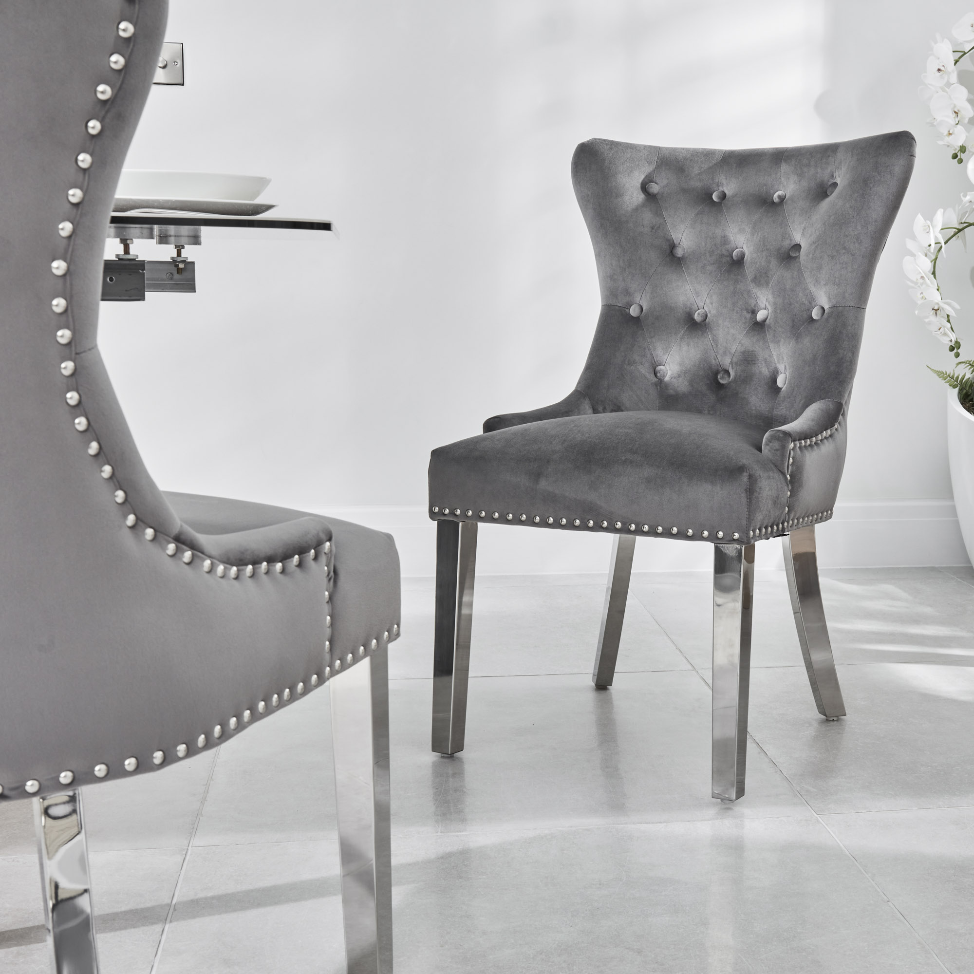 Knightsbridge Grey Brushed Velvet Dining Chair – Steel Legs