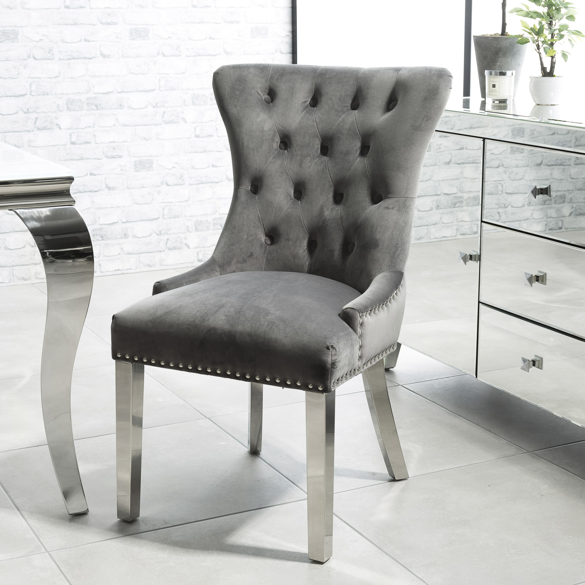 Set of 2 Knightsbridge Grey Brushed Velvet Dining Chair – Steel Legs